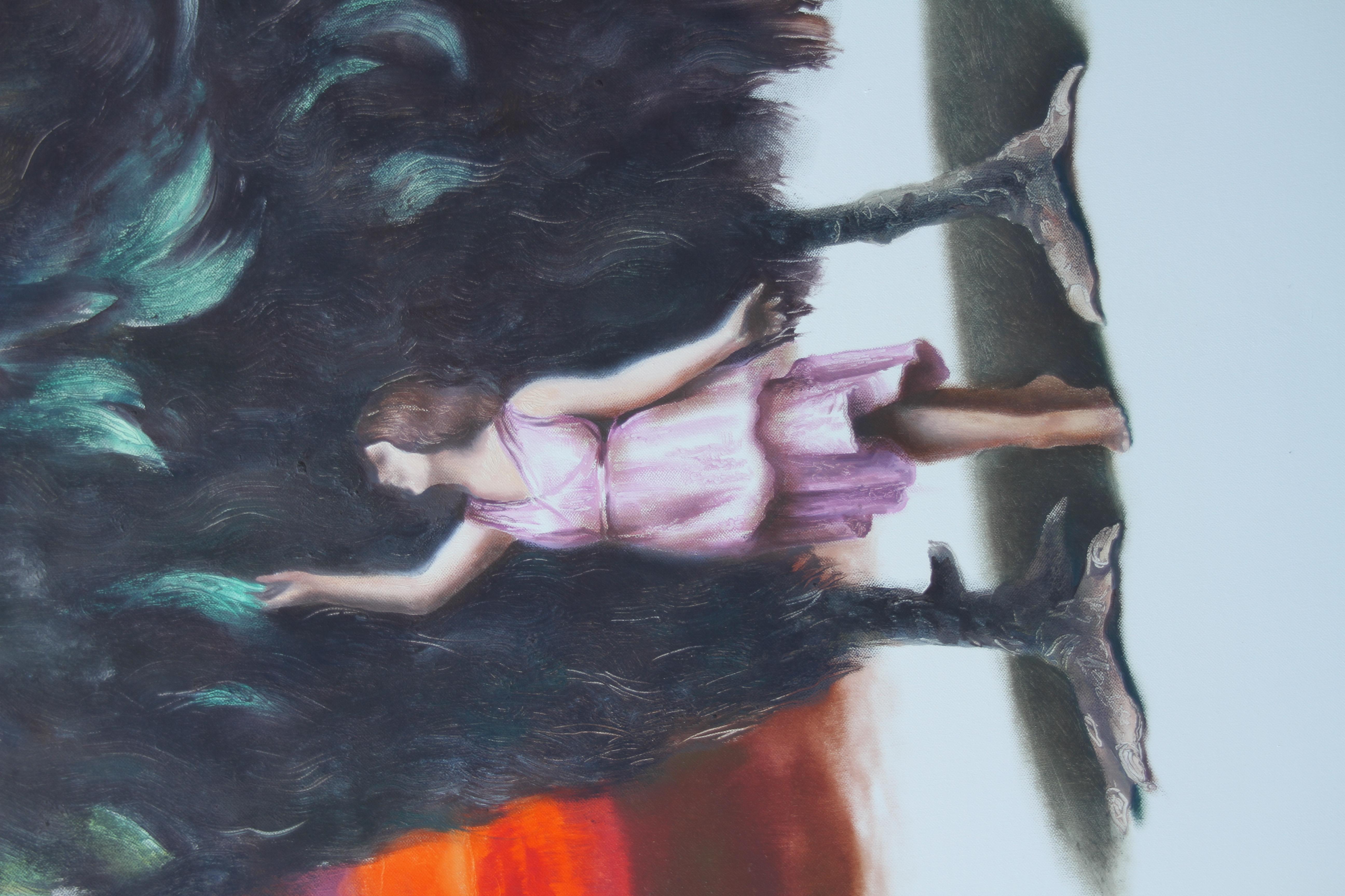 Diva (Huhn Ölgemälde surrealistischen roten Himmel Dame in rosa Gewand Bauernhof Tier) – Painting von Rudolf Kosow
