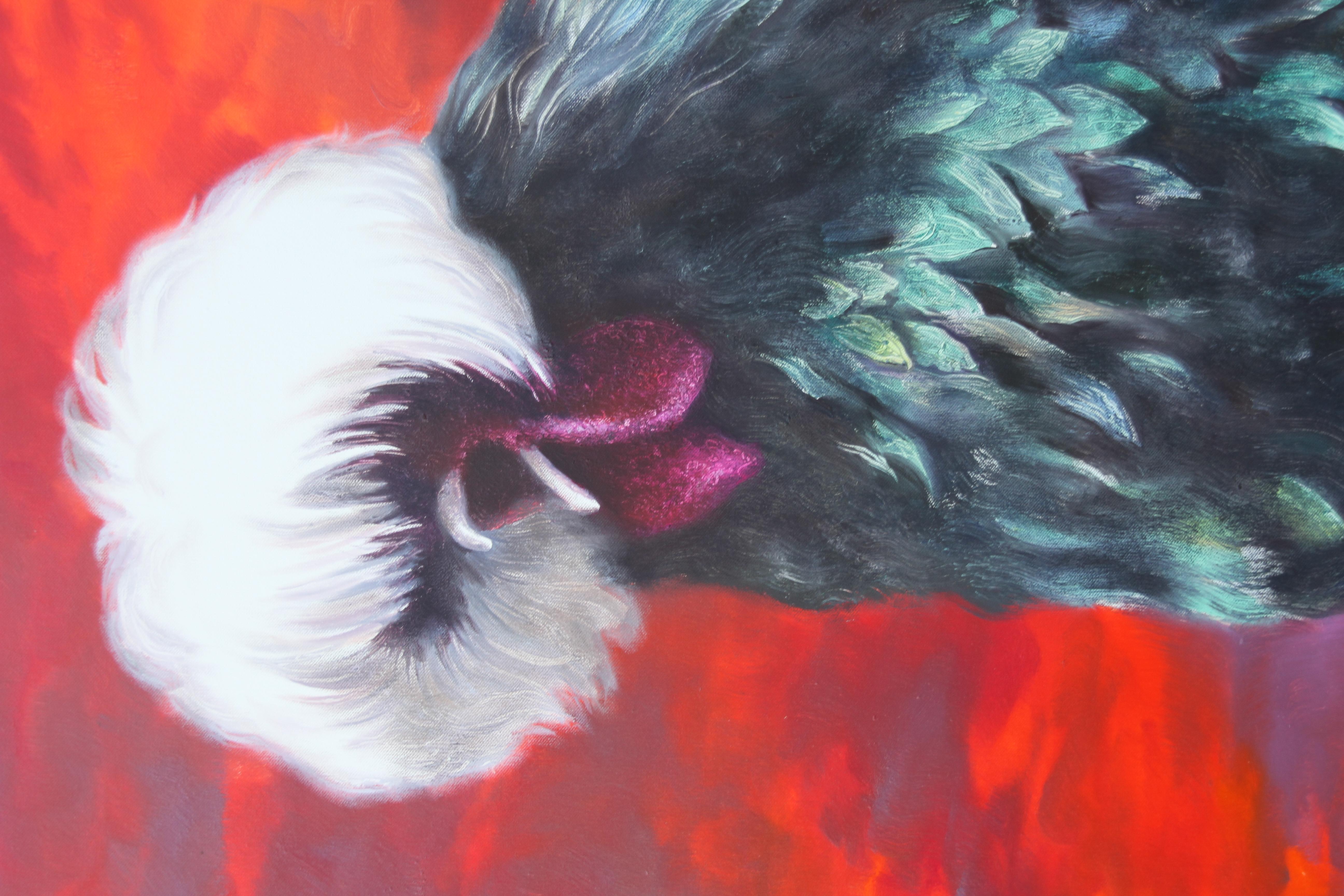 Diva (Huhn Ölgemälde surrealistischen roten Himmel Dame in rosa Gewand Bauernhof Tier) (Surrealismus), Painting, von Rudolf Kosow