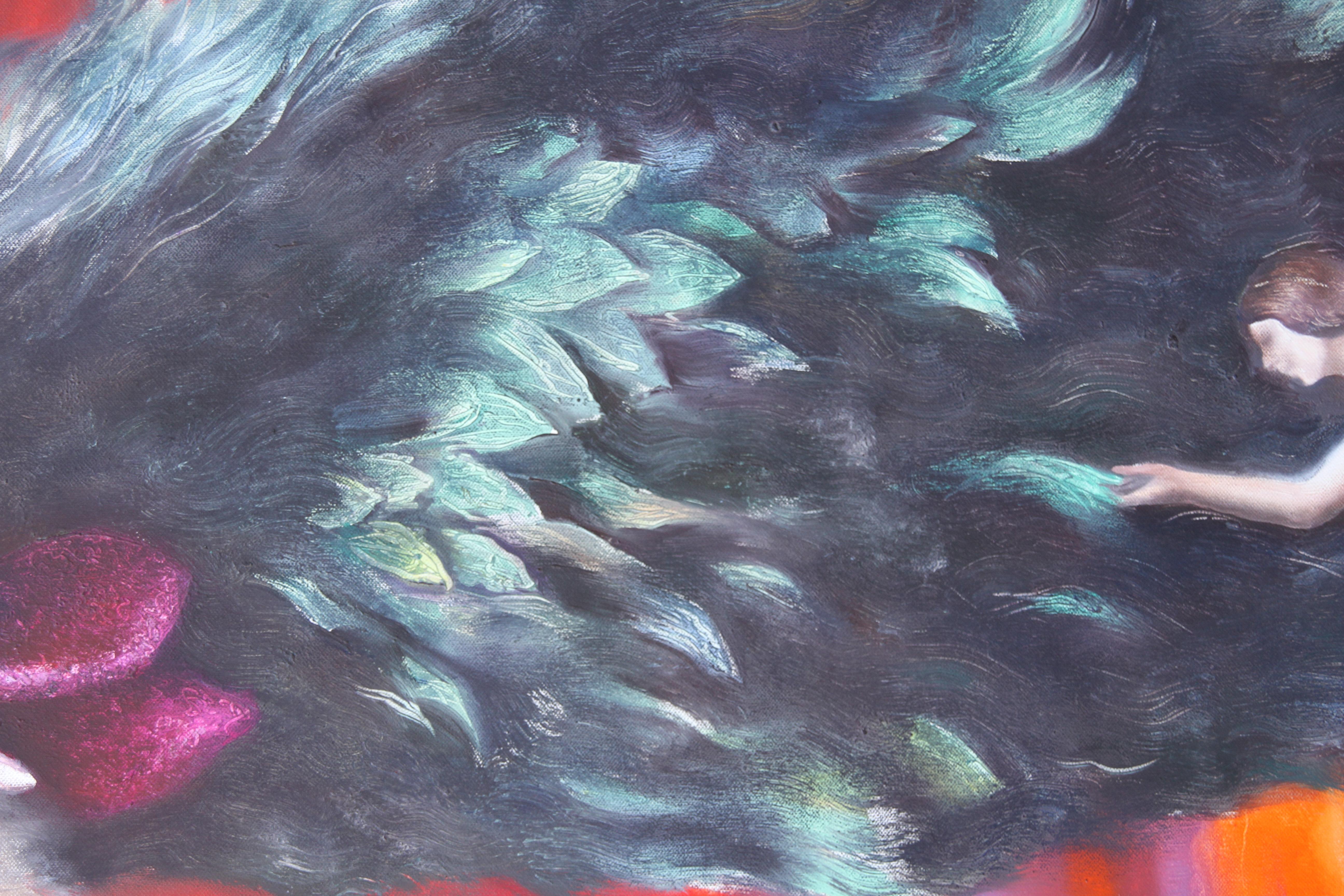 Diva (Huhn Ölgemälde surrealistischen roten Himmel Dame in rosa Gewand Bauernhof Tier) (Braun), Figurative Painting, von Rudolf Kosow