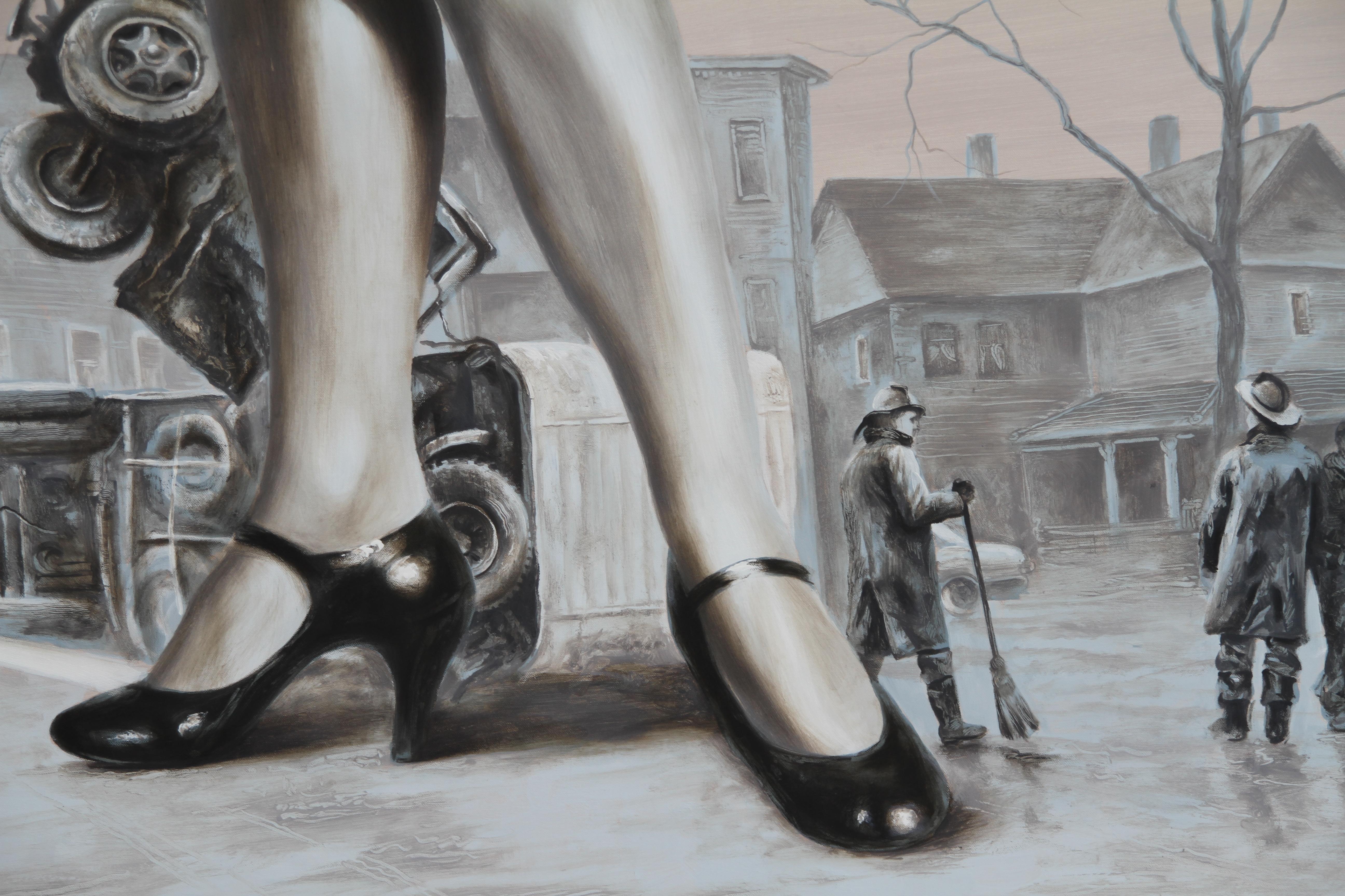 Dizzy (lady woman legs high heels black and white flesh tones monochrome city) - Painting by Rudolf Kosow