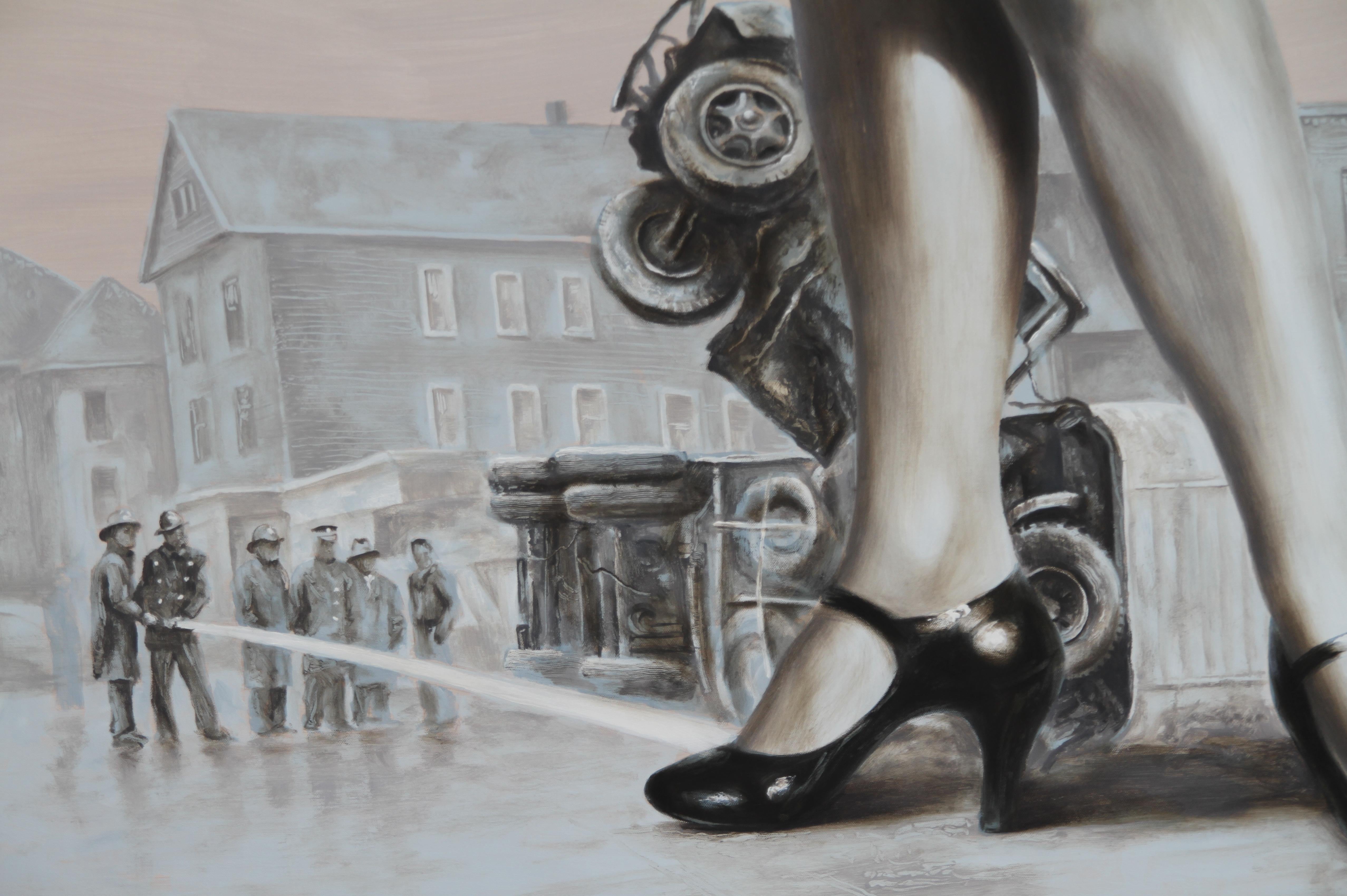 Dizzy (mujer piernas tacones altos blanco y negro tonos carne ciudad monocroma) - Painting Surrealista de Rudolf Kosow