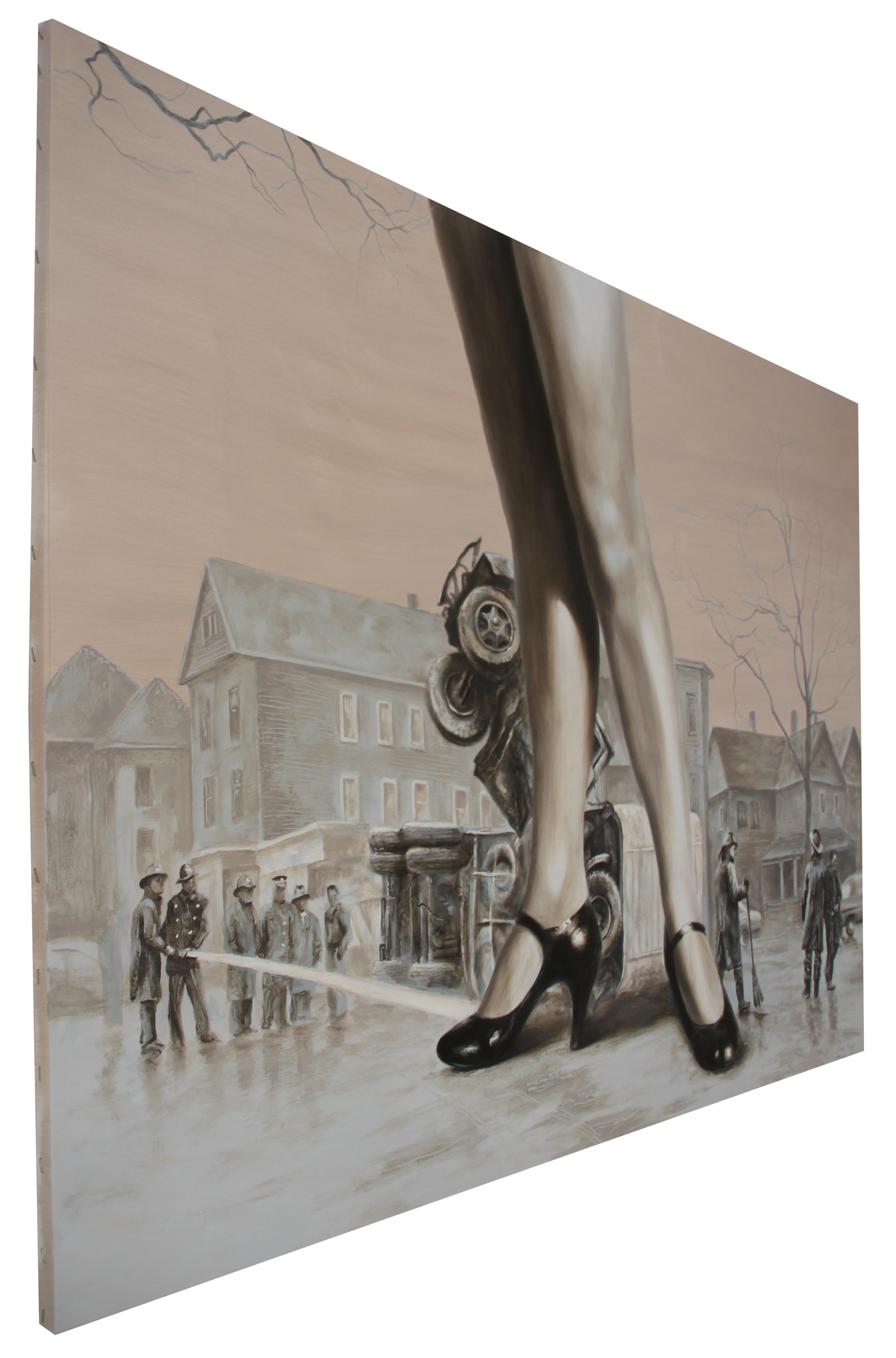 Dizzy (mujer piernas tacones altos blanco y negro tonos carne ciudad monocroma) - Landscape Painting Gris de Rudolf Kosow