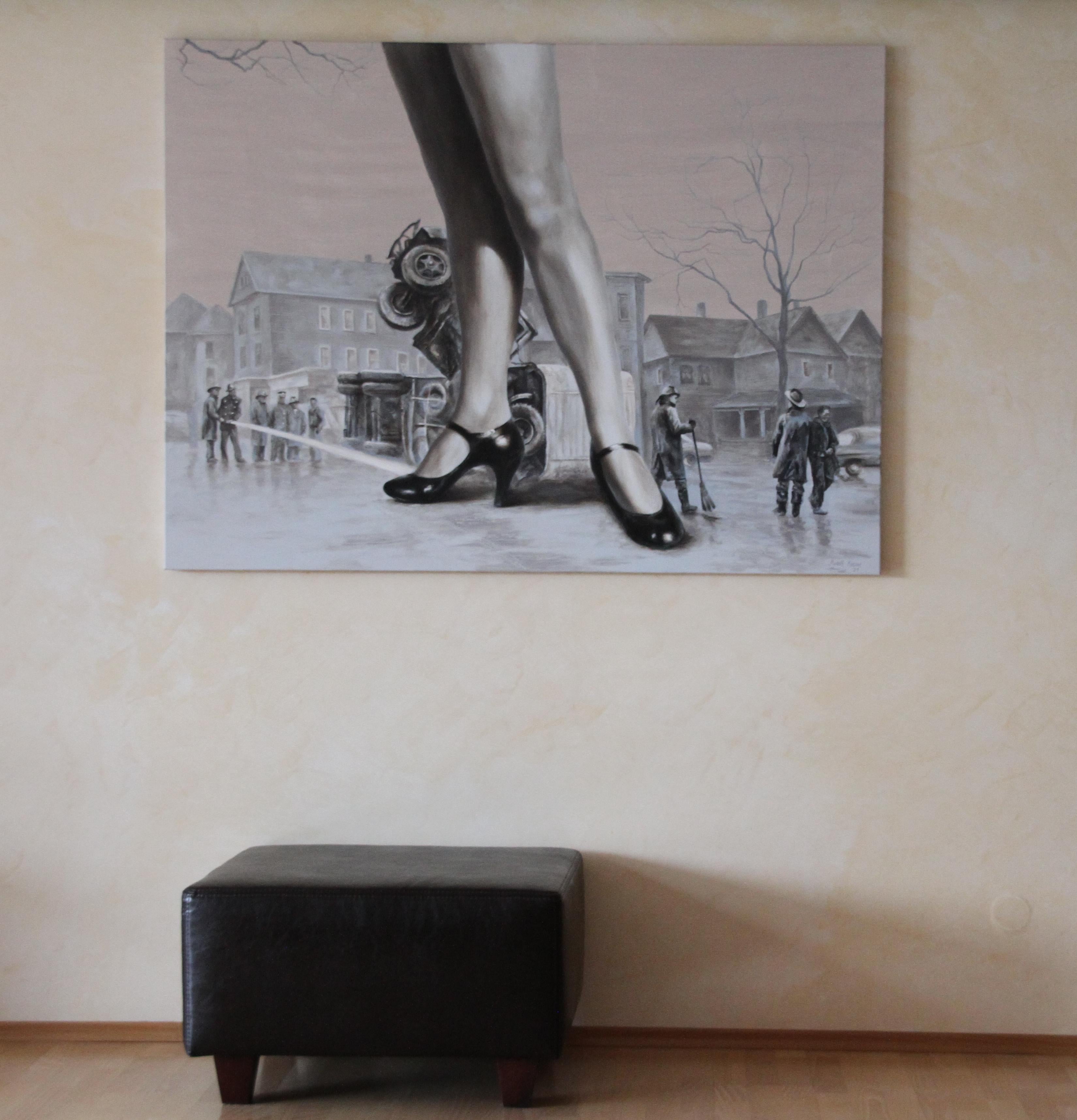 Dizzy (lady woman legs high heels black and white flesh tones monochrome city) - Surrealist Painting by Rudolf Kosow