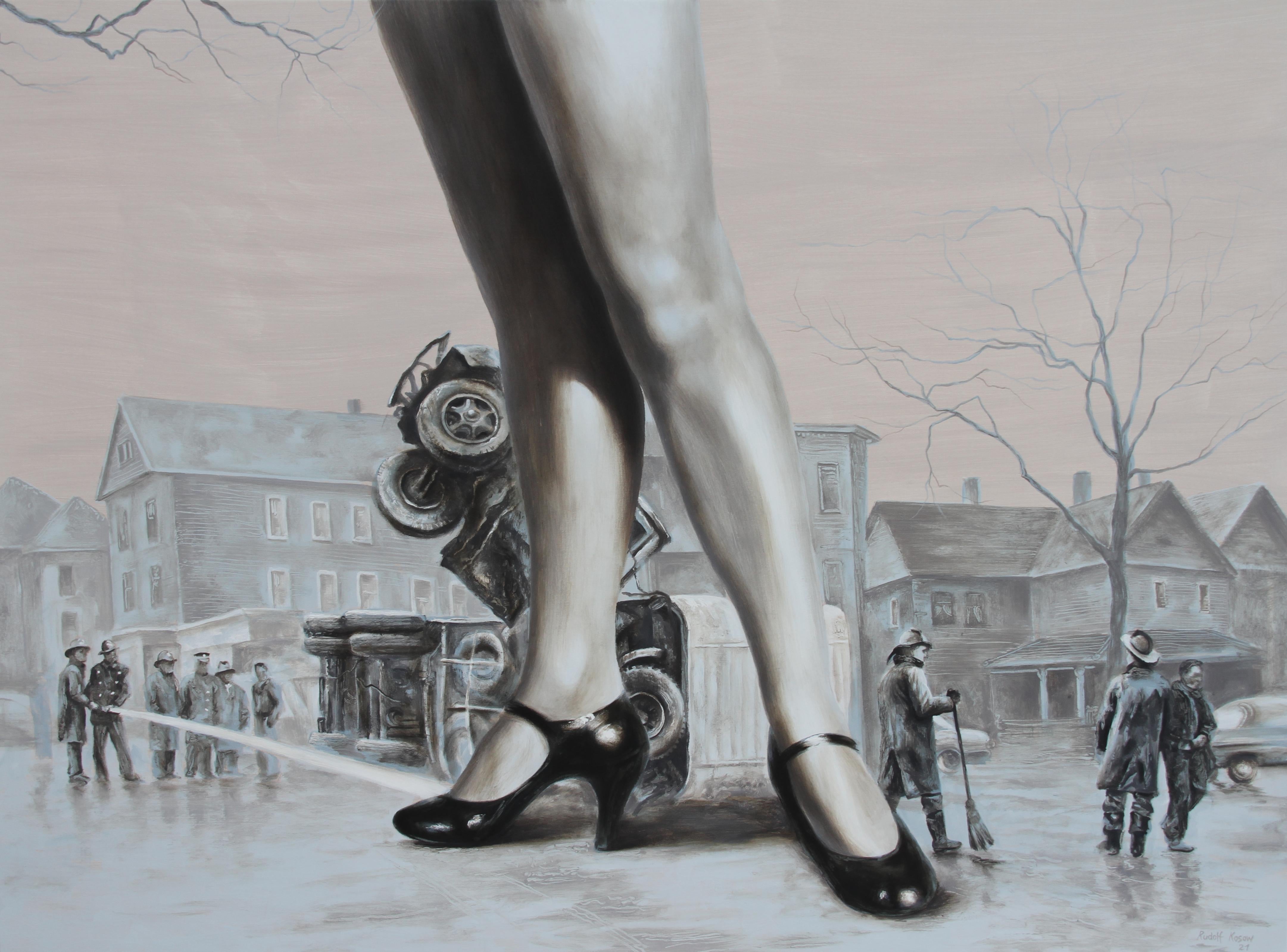 Dizzy (lady woman legs high heels black and white flesh tones monochrome city)