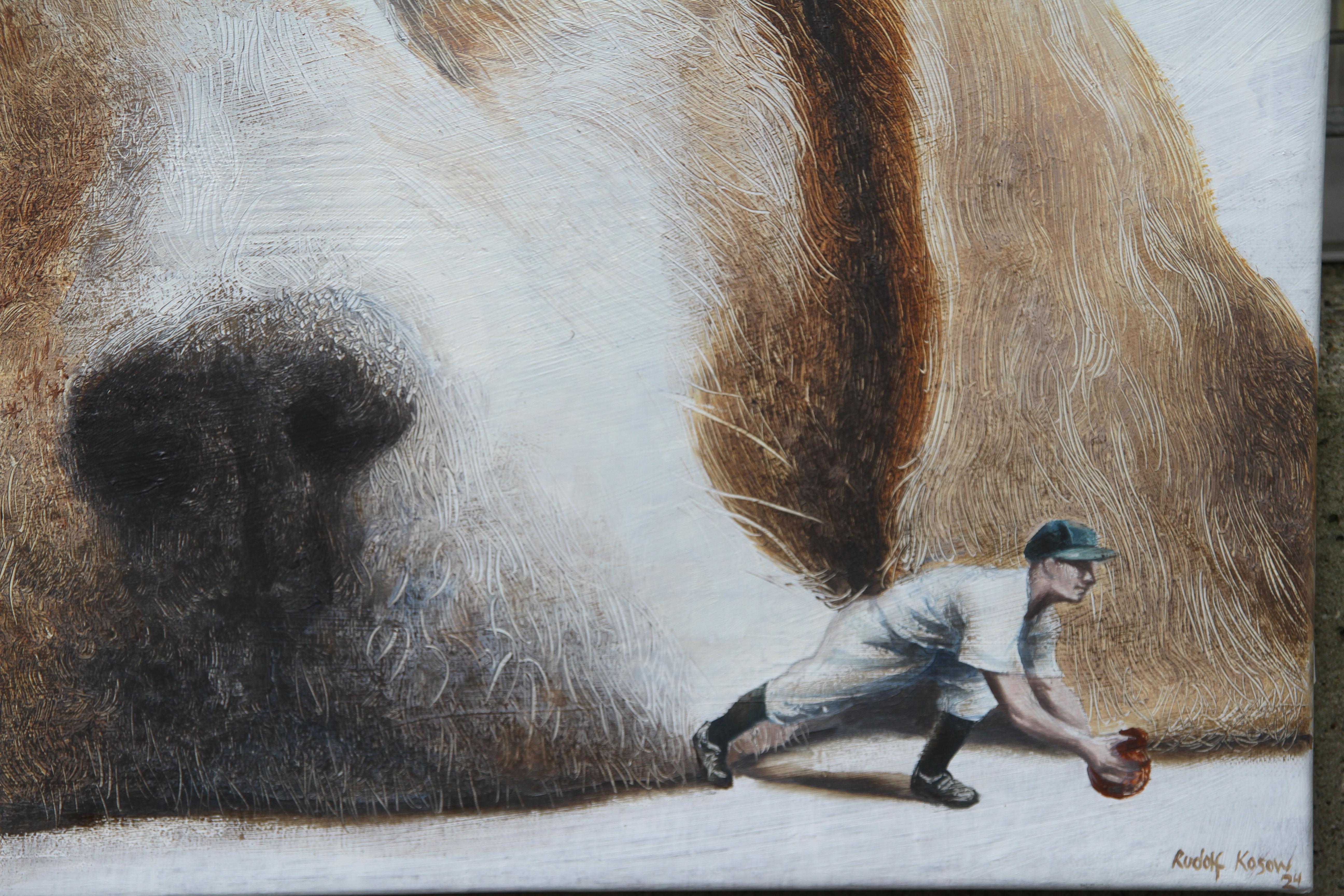 Dreamer (dog, pet, man, baseball, vintage, animal, surrealist painting, american - Surrealist Painting by Rudolf Kosow