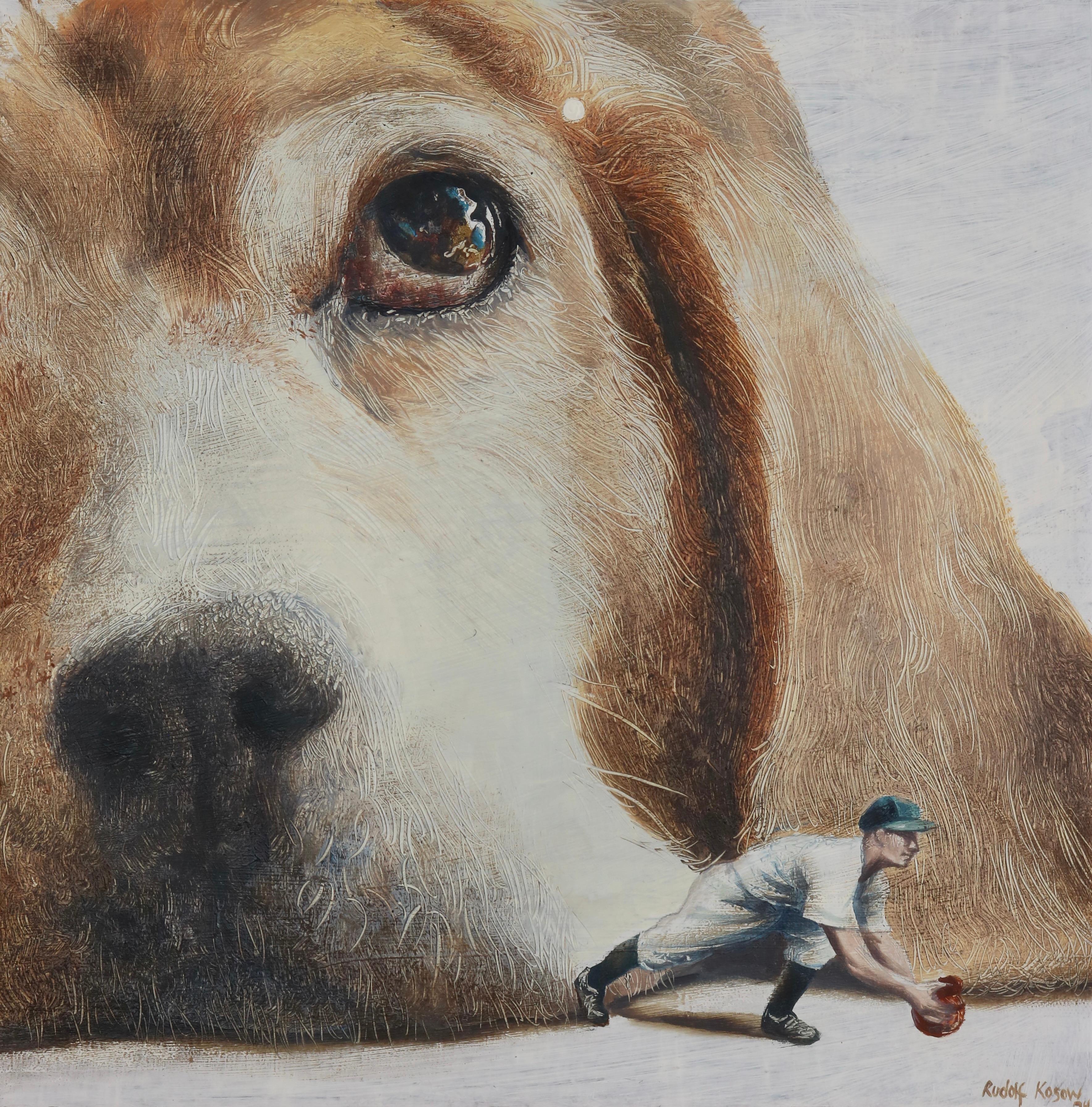 Dreamer (dog, pet, man, baseball, vintage, animal, surrealist painting, american