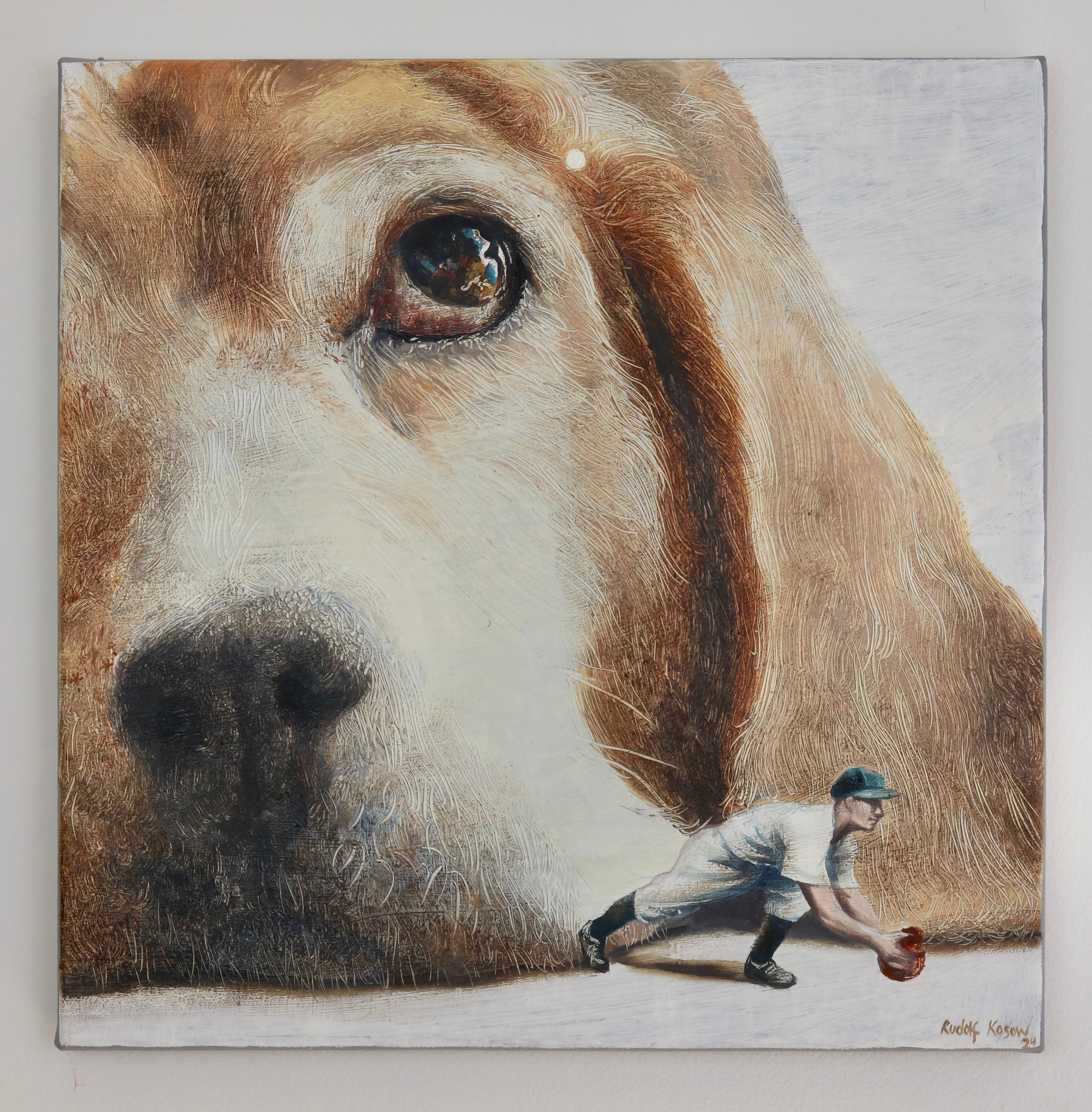 Dreamer (dog, pet, man, baseball, vintage, animal, surrealist painting, american For Sale 1