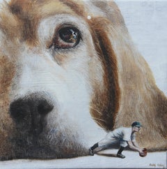 Dreamer (dog, pet, man, baseball, vintage, animal, surrealist painting, american