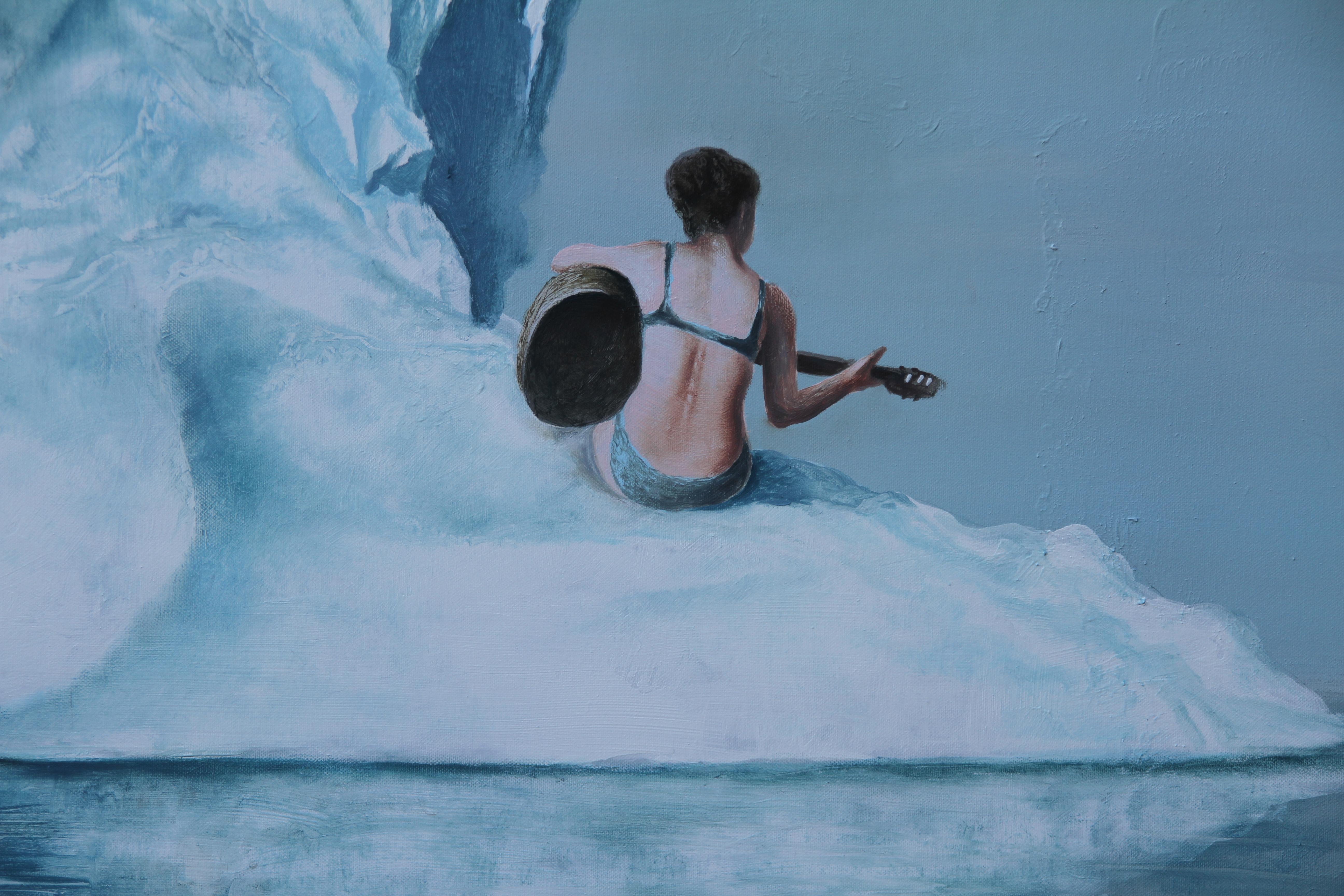 Wunderschönes Originalgemälde auf Leinwand, das einen Gorilla in kontemplativem Zustand auf der Spitze eines Eisbergs zeigt, während eine junge Frau neben ihm Gitarre spielt.

Stichworte; Gitarre spielende Frau, Americana, Surrealismus, Affe,