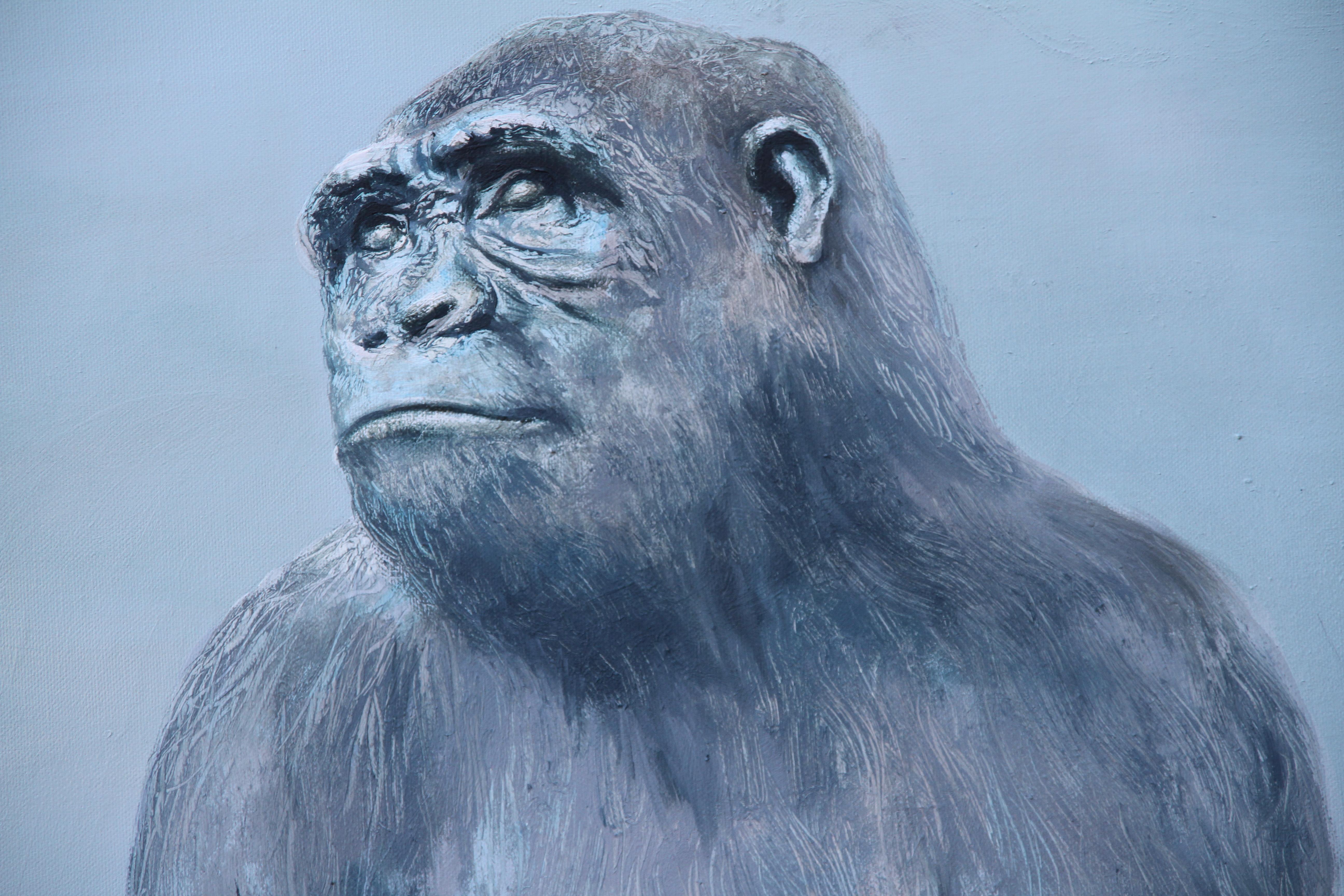 Dreamer (monkey gorilla iceberg arctic surrealistisches lgemlde hellblau) im Angebot 1