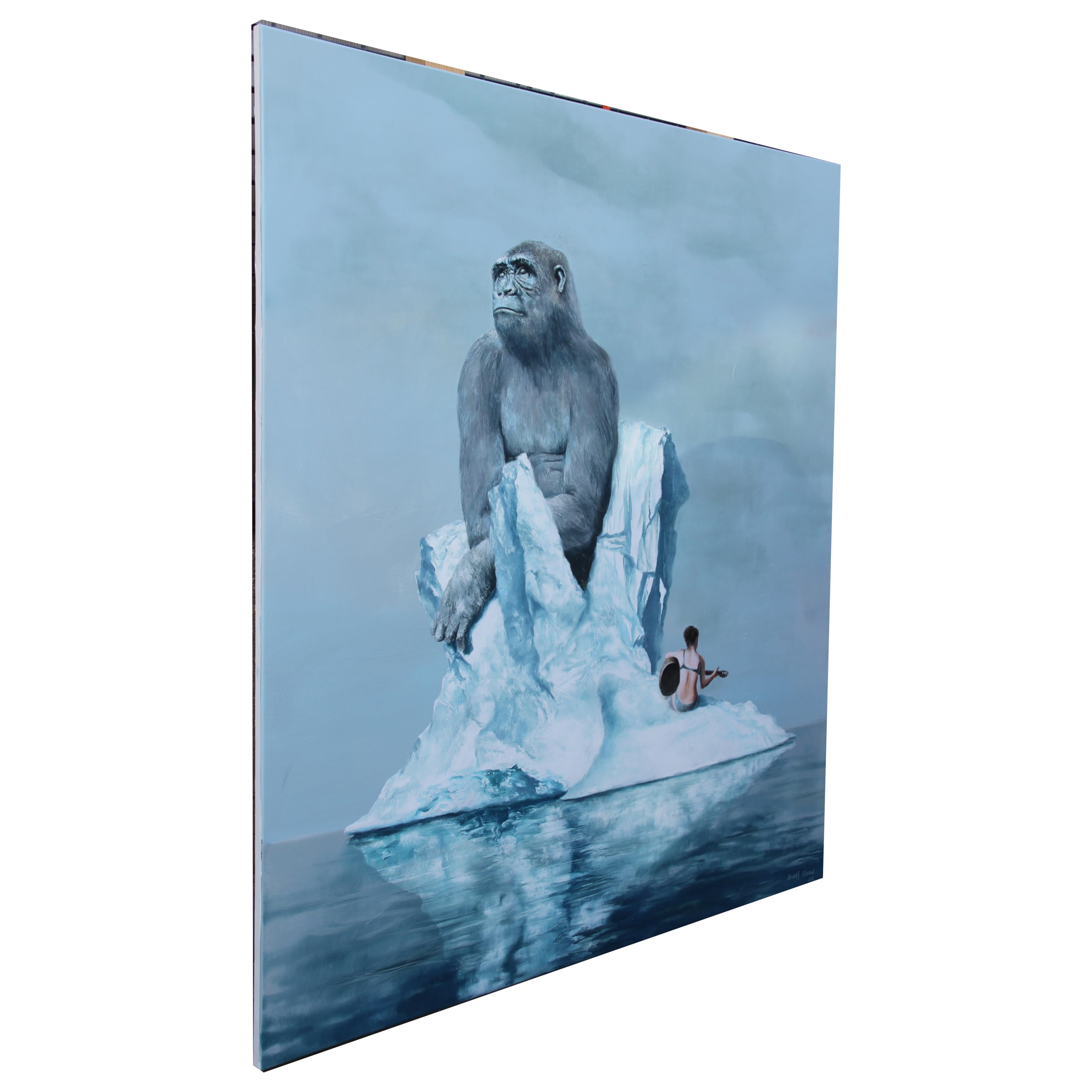 Dreamer (monkey gorilla iceberg arctic surrealist oil painting light blue) - Surrealist Painting by Rudolf Kosow