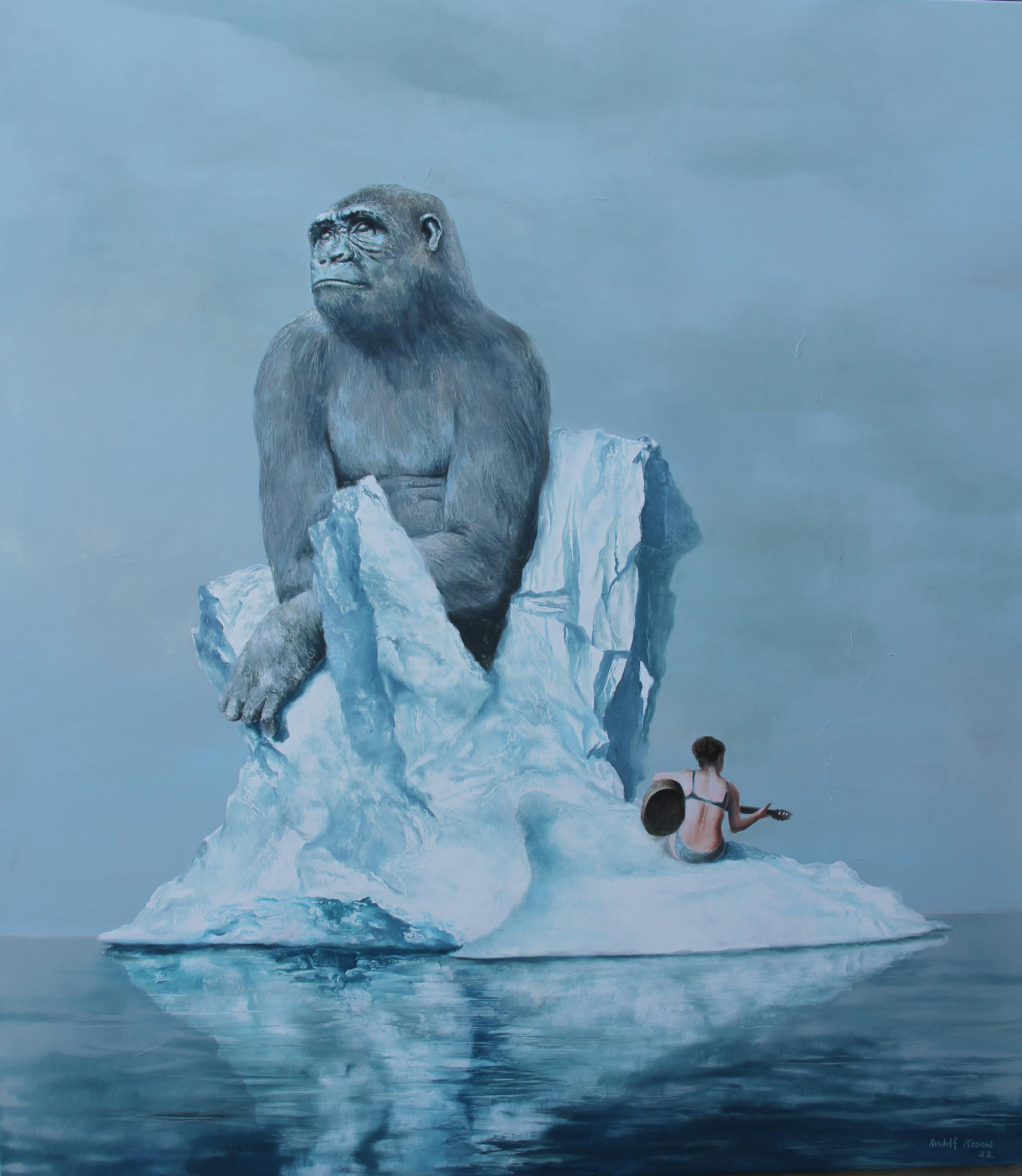 Rudolf Kosow Figurative Painting – Dreamer (monkey gorilla iceberg arctic surrealistisches lgemlde hellblau)