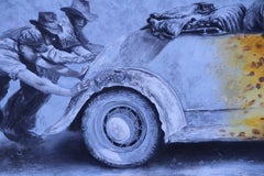 Dreamers (yellow banana vintage car surrealist oil painting grey monochrome)