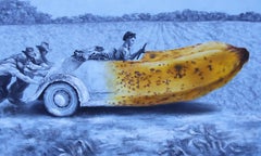 Sognatori (auto d'epoca gialla a forma di banana, pittura ad olio surrealista monocromatica grigia)