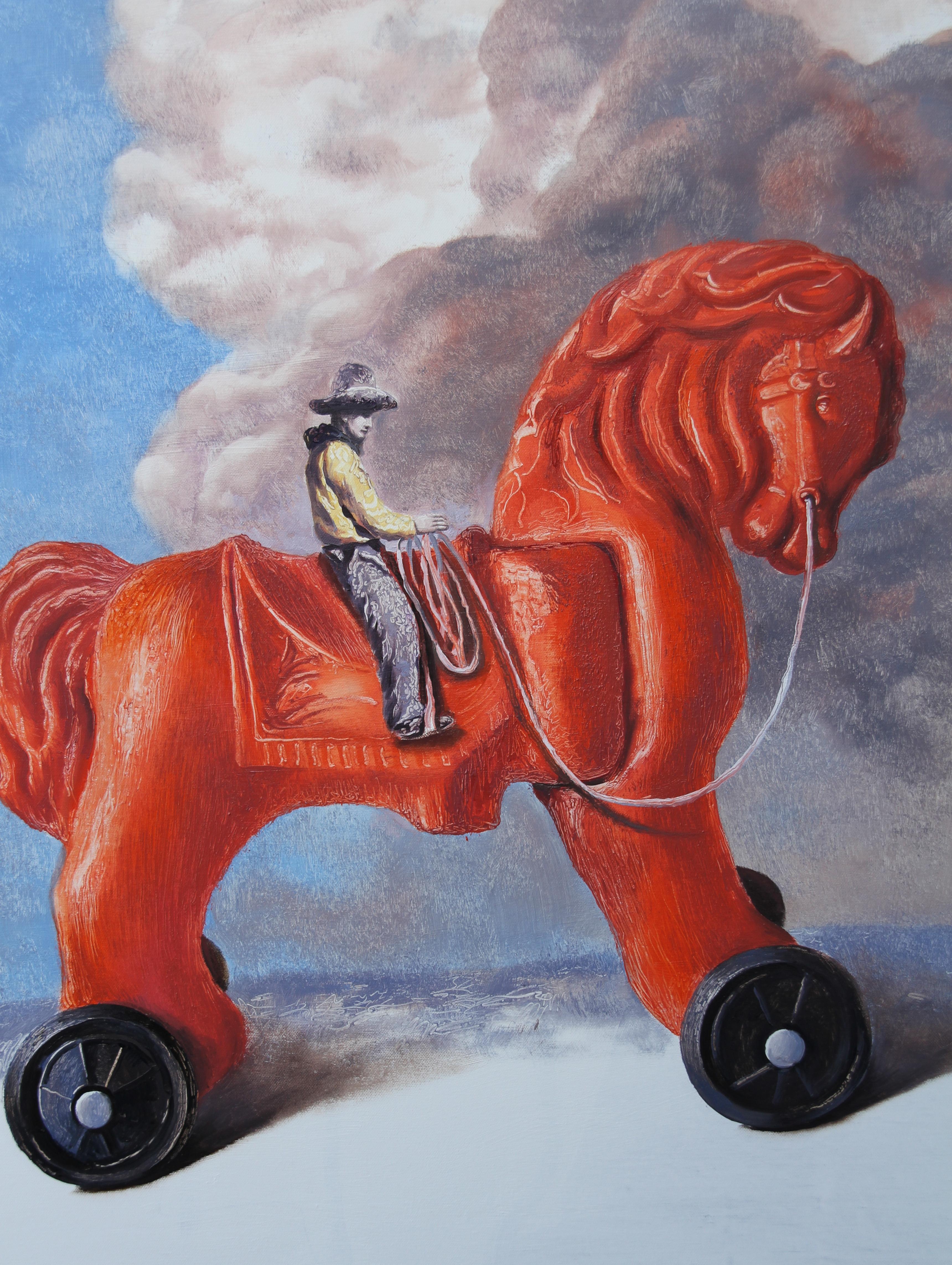 Easy Rider (cavallo rosso su ruote Child & Child giocattolo cowboy cielo blu dipinto surreale) - Painting Surrealismo di Rudolf Kosow