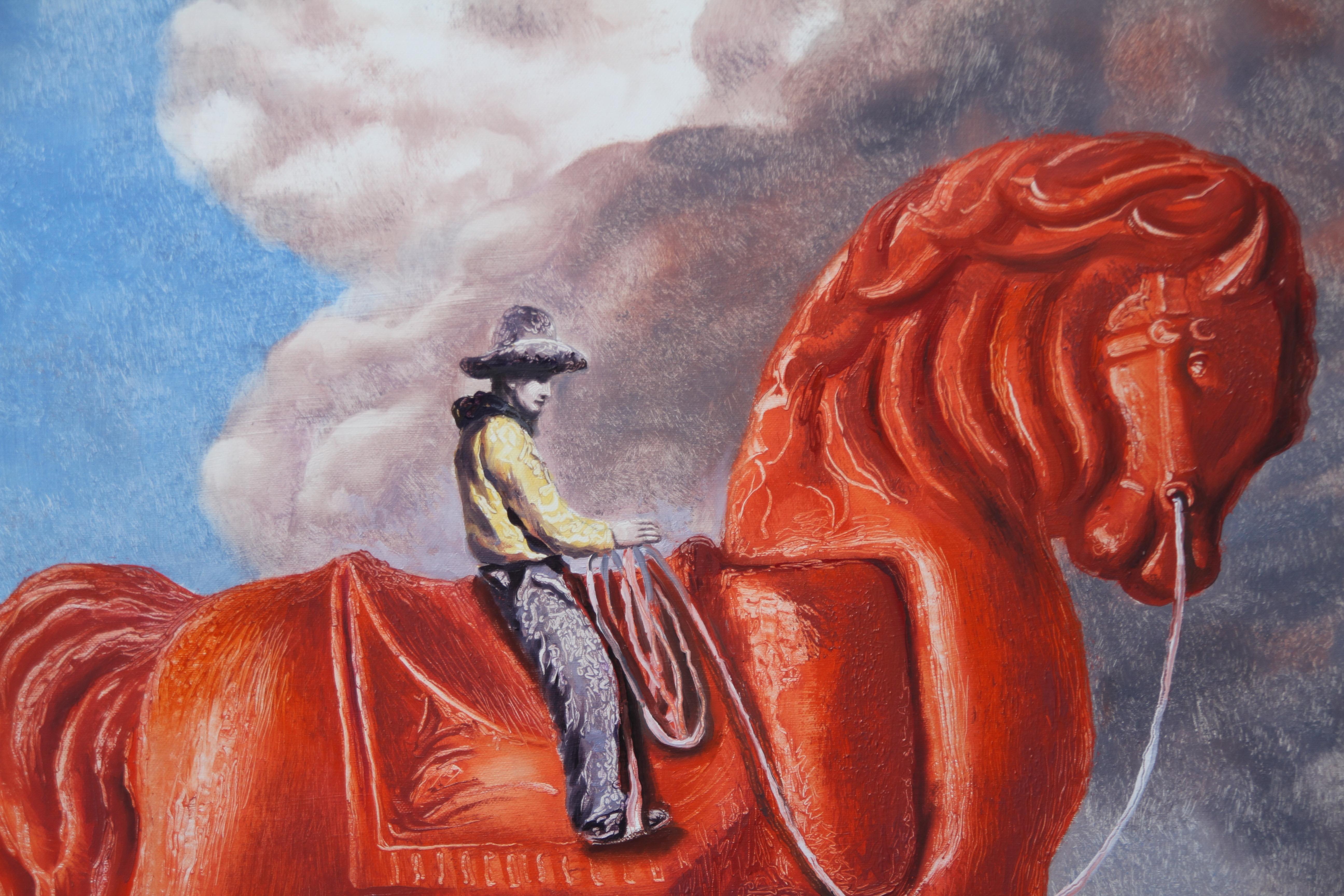 Easy Rider (cavallo rosso su ruote Child & Child giocattolo cowboy cielo blu dipinto surreale) - Figurative Painting Grigio di Rudolf Kosow