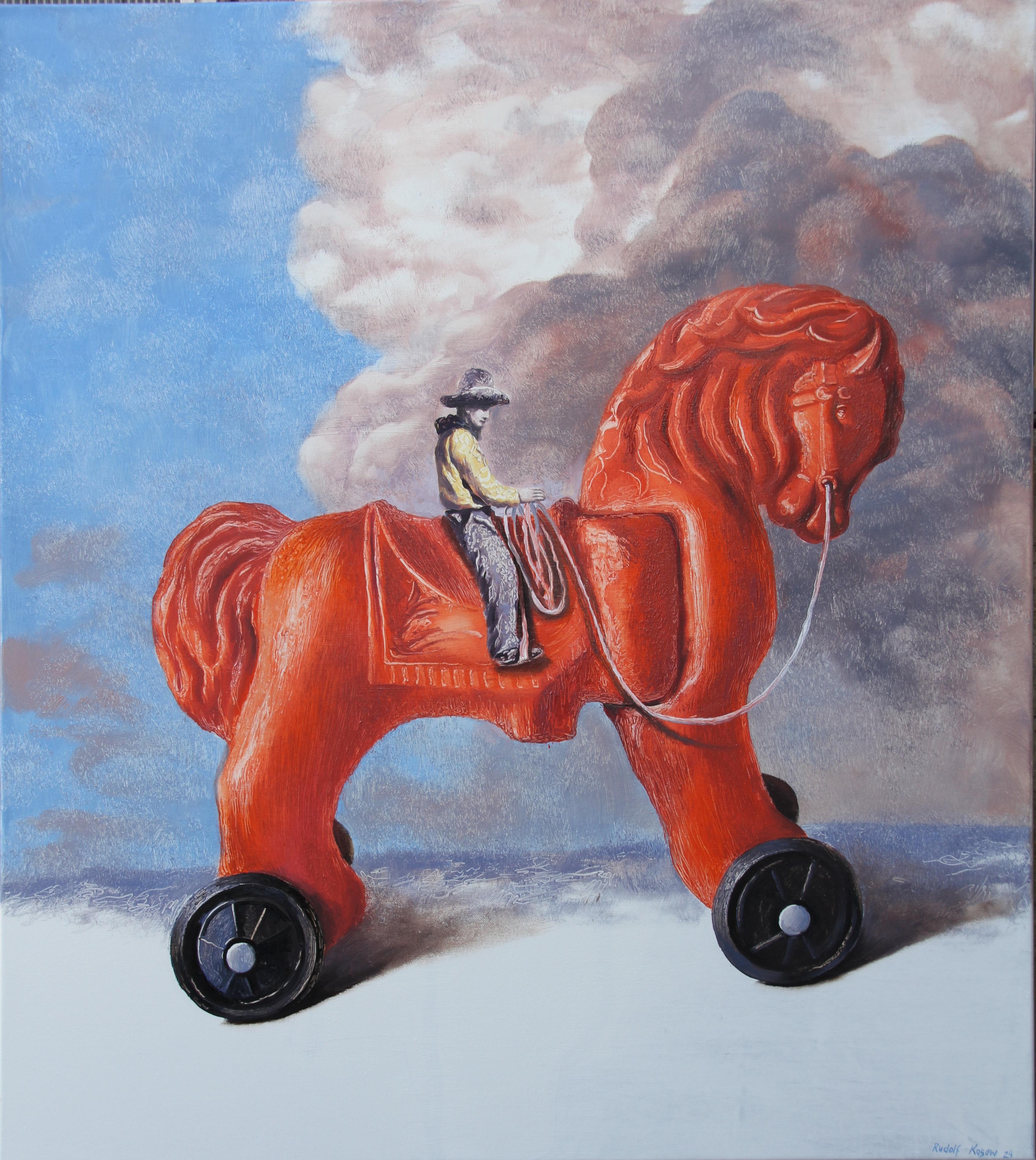 Figurative Painting di Rudolf Kosow - Easy Rider (cavallo rosso su ruote Child & Child giocattolo cowboy cielo blu dipinto surreale)