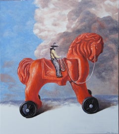 Easy Rider (red wood horse on wheels Child toy cowboy blue sky surreal painting)