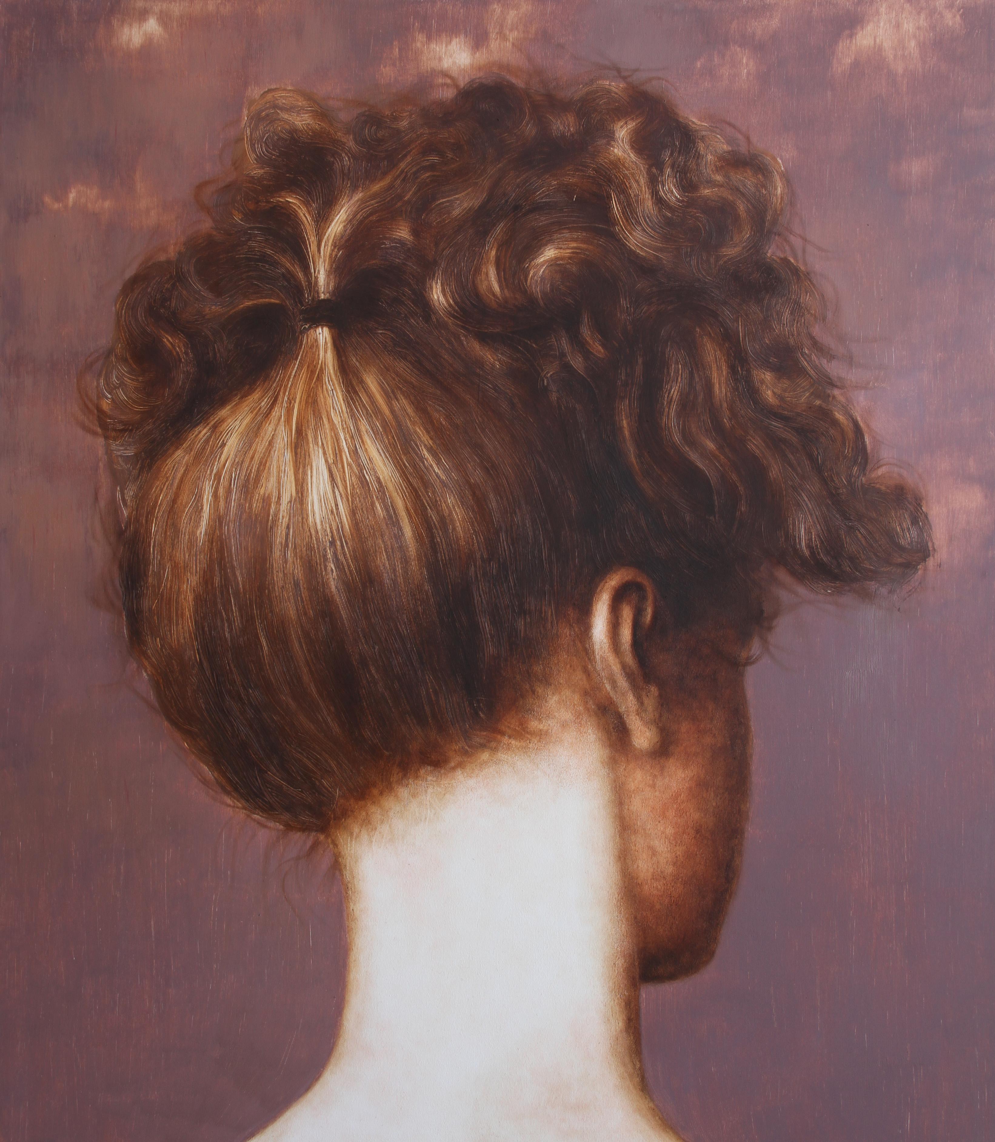 Portrait Painting de Rudolf Kosow - Erwartungsvoll (óleo retrato mujer pelo cuello tonos carne arte vintage)