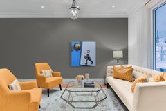 Escapade (blue sky figurative oil painting brown tones Young boy balloon)