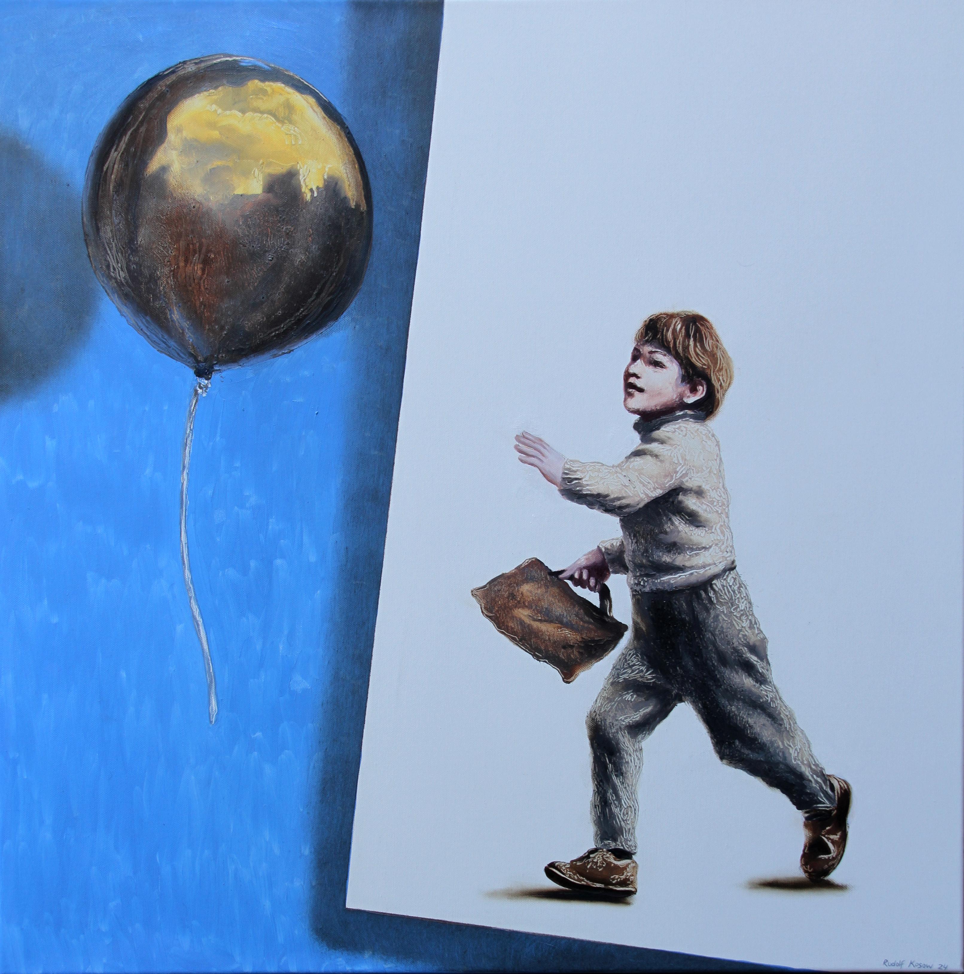 Figurative Painting di Rudolf Kosow - Escapade (pittura ad olio figurativa del cielo blu con toni marroni Giovane ragazzo in pallone)