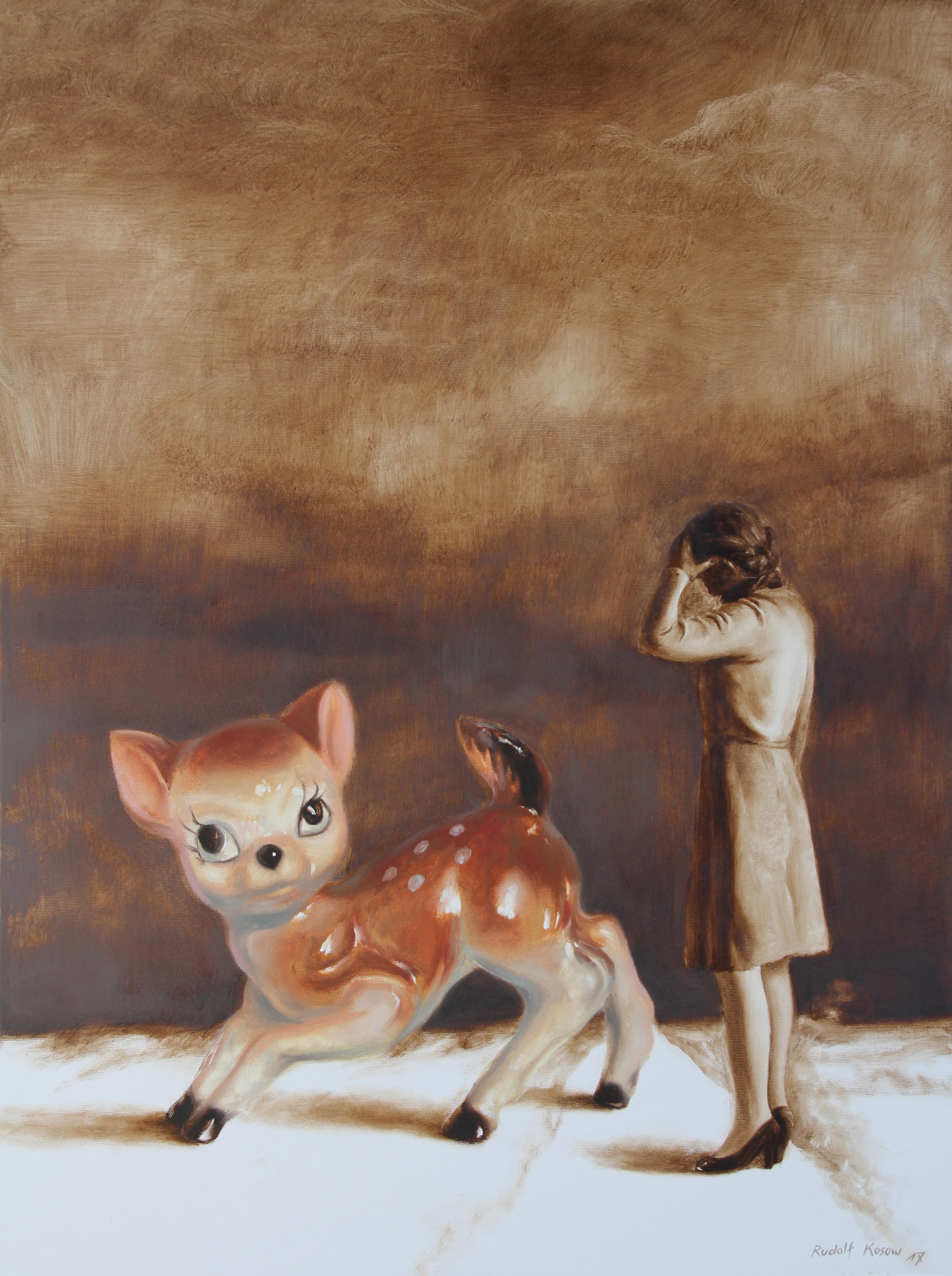 Rudolf Kosow Animal Painting - Escapee (porcelain bambi vintage art lady brown earth tones surrealist painting)