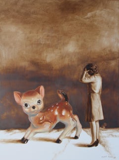 Escapee (Porzellan Bambi Vintage Kunst Dame braune Erdtöne surrealistisches Gemälde)