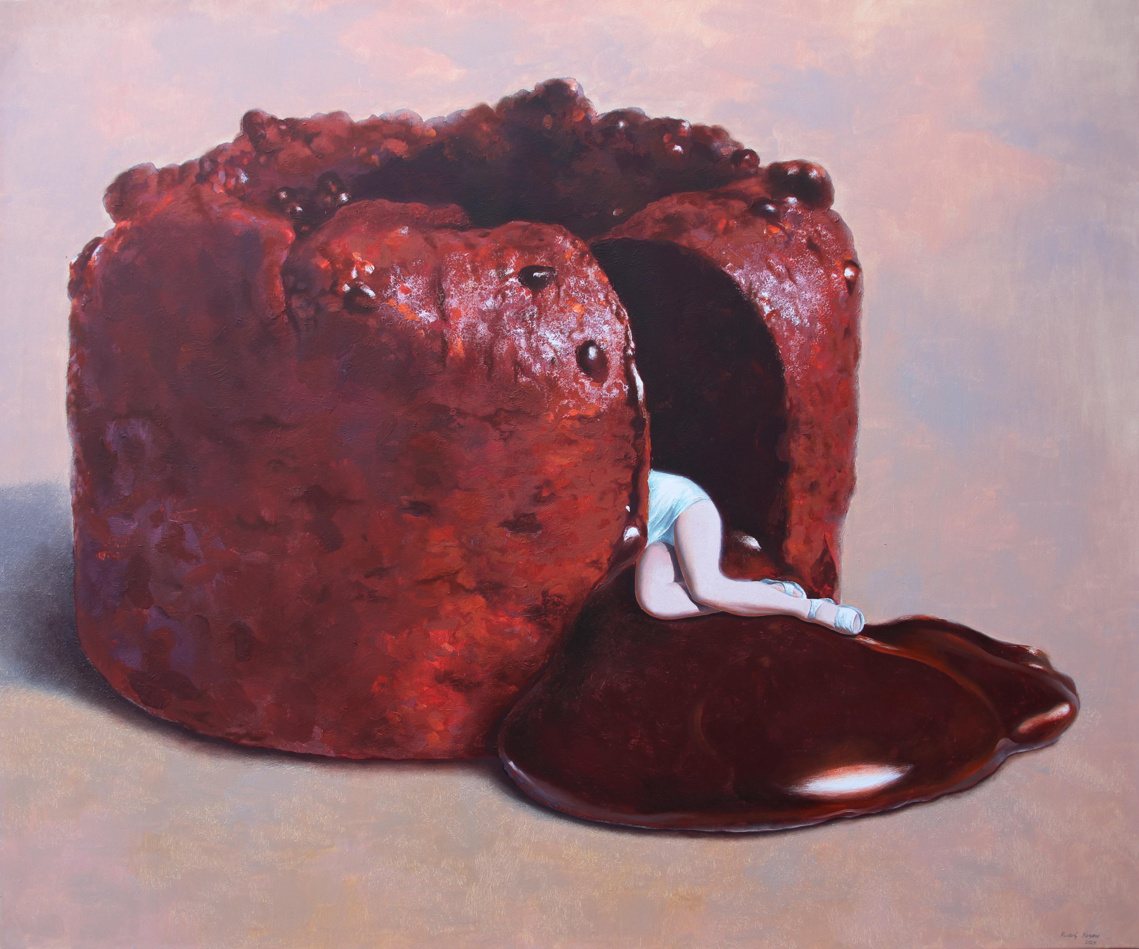 Figurative Painting de Rudolf Kosow - Exceso (pastel derritiéndose dama postre americana vintage pintura surrealista)