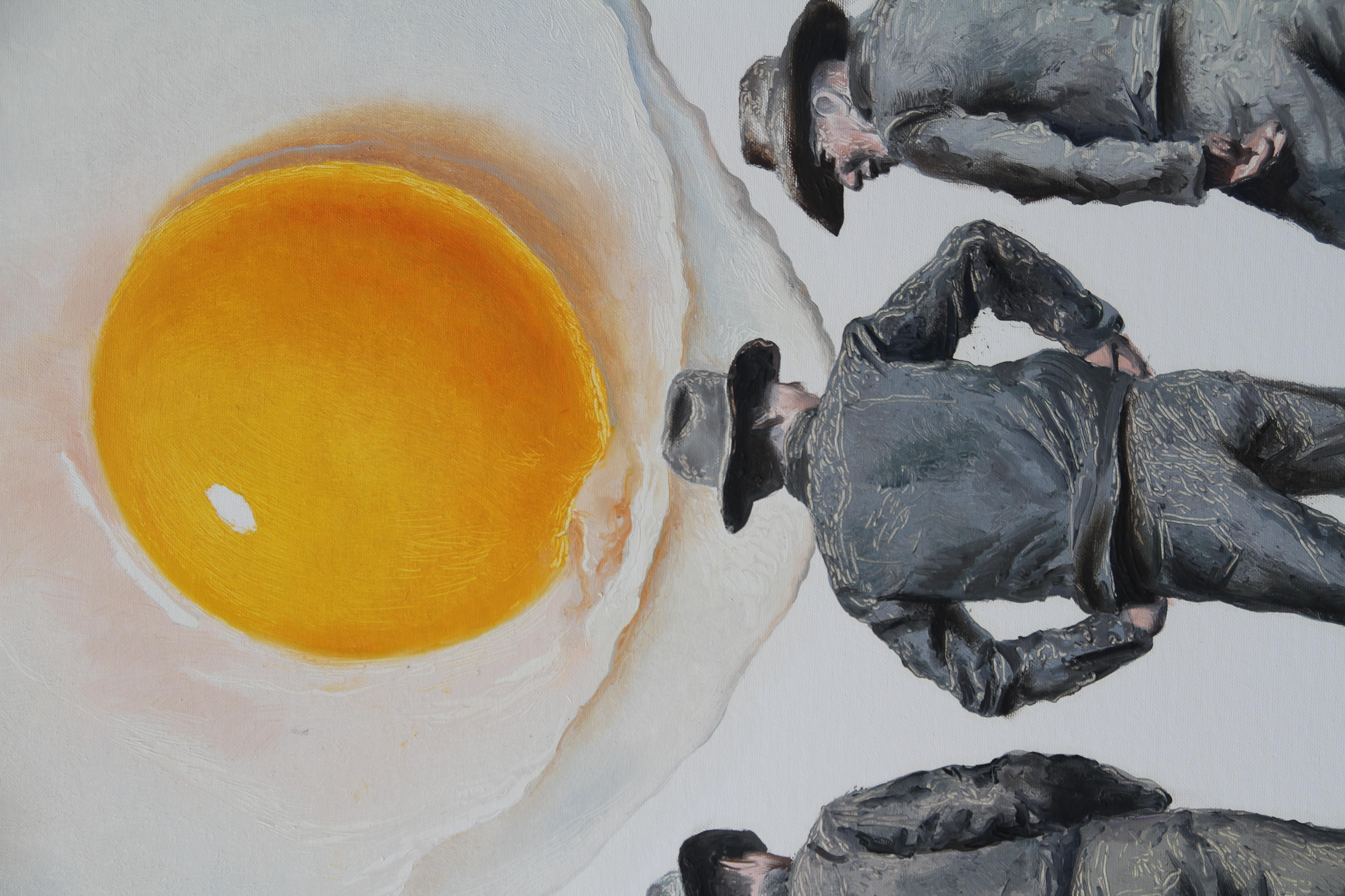 FAKE (yellow eggs cowboys vintage americana surrealist oil painting) - Surrealist Painting by Rudolf Kosow