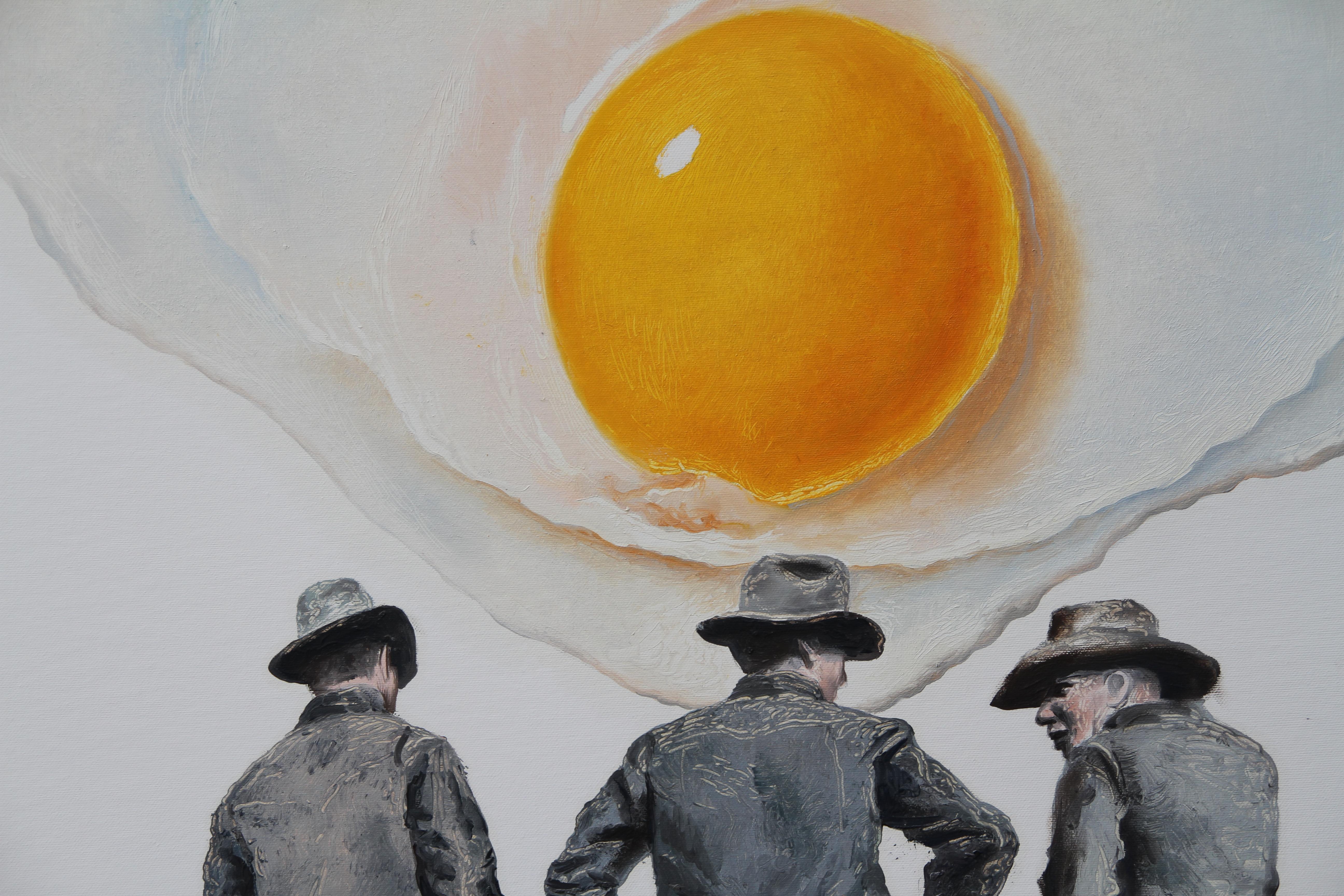 FAKE (yellow eggs cowboys vintage americana surrealist oil painting) - Gray Figurative Painting by Rudolf Kosow