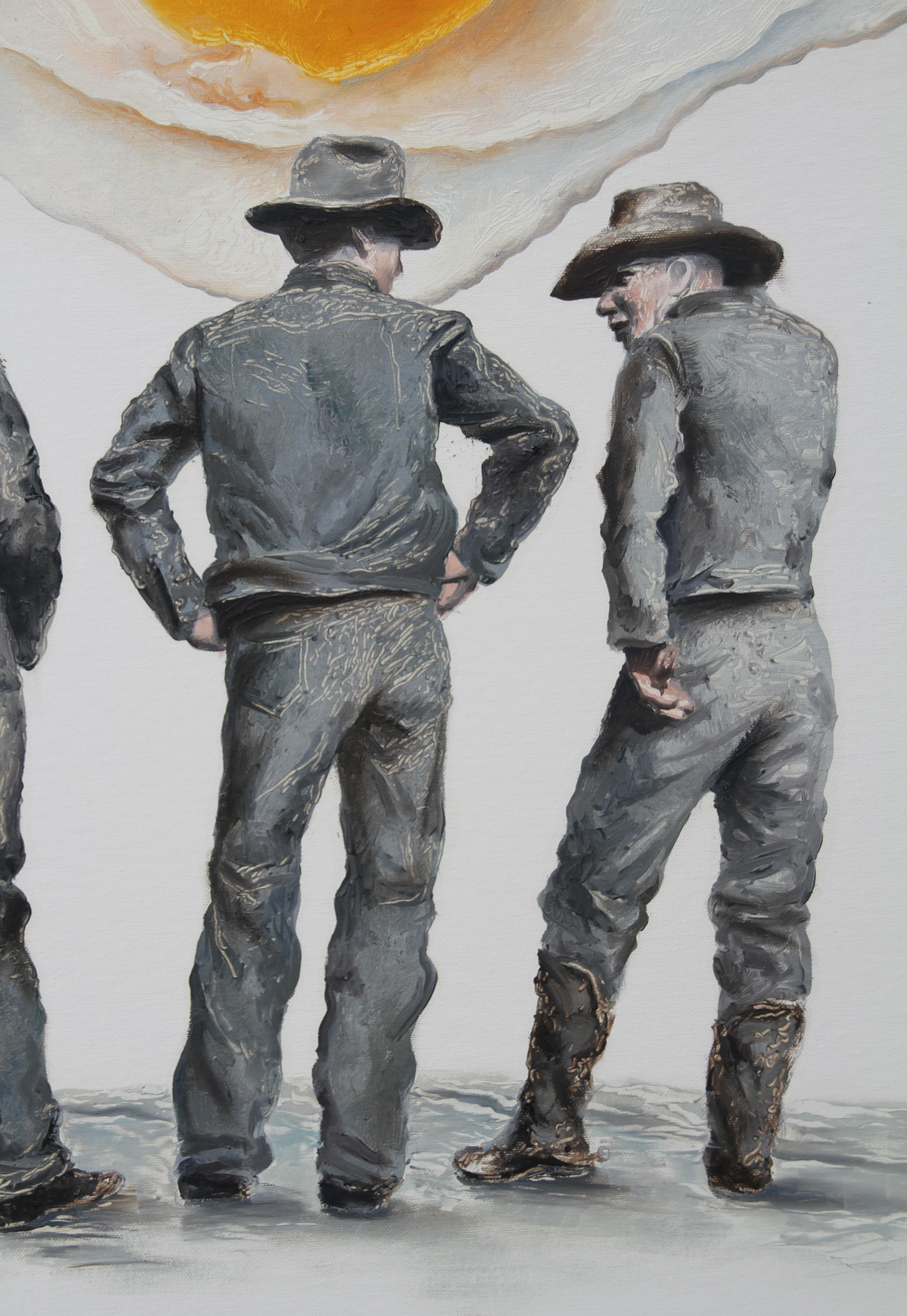 FAKE (yellow eggs cowboys vintage americana surrealist oil painting) For Sale 1