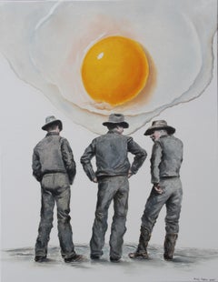 FAKE (yellow eggs cowboys vintage americana surrealist oil painting)
