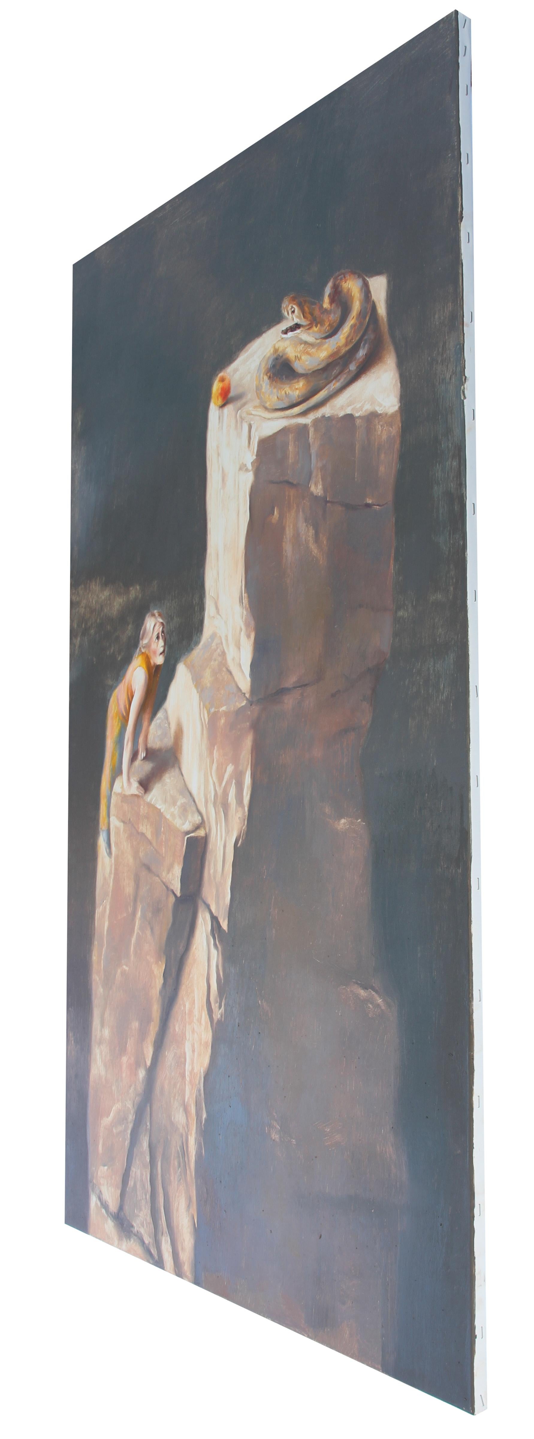 Fate Challenge I (lady climber art forbidden apple snake brown brown earth tones - Painting by Rudolf Kosow