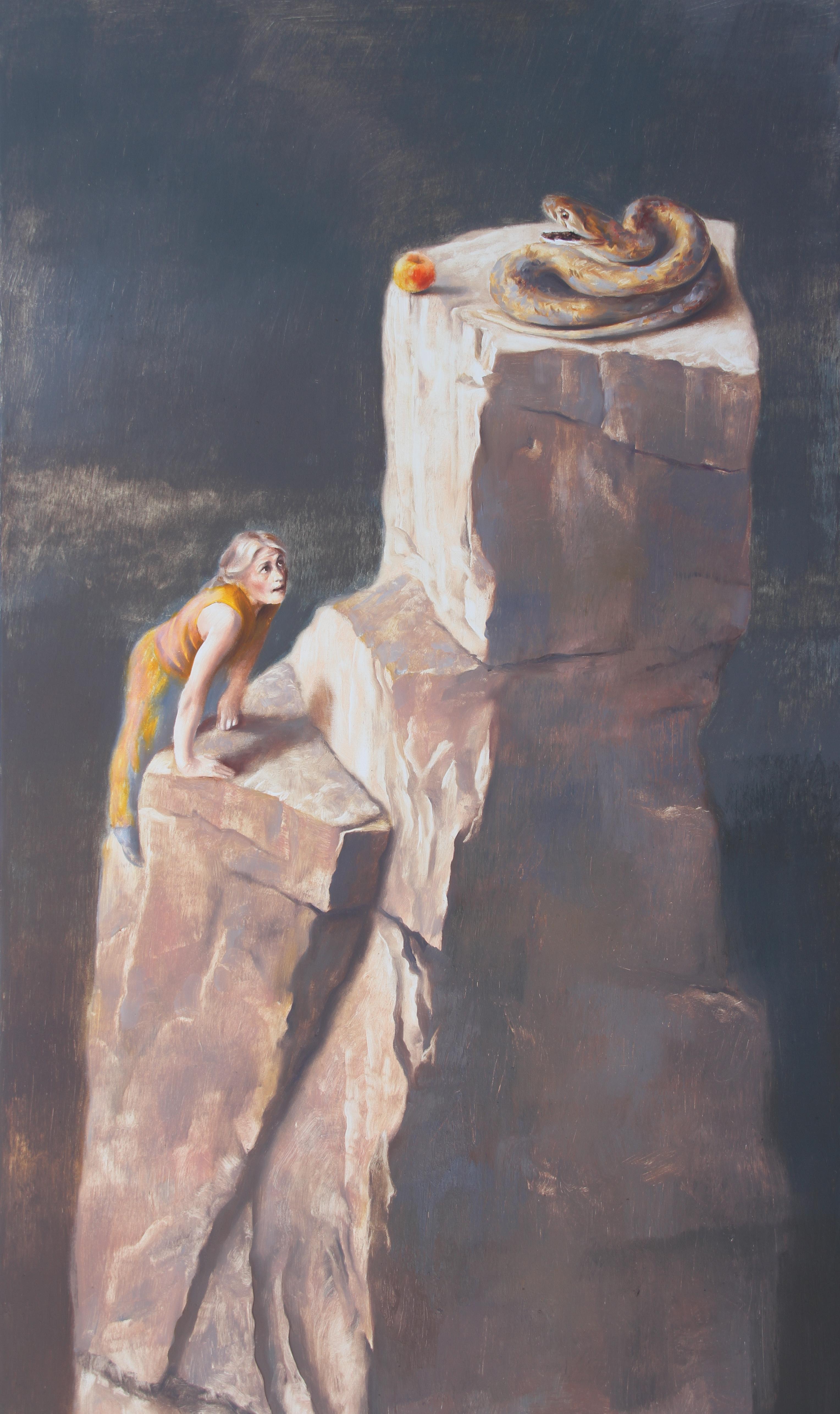 Rudolf Kosow Figurative Painting - Fate Challenge I (lady climber art forbidden apple snake brown brown earth tones