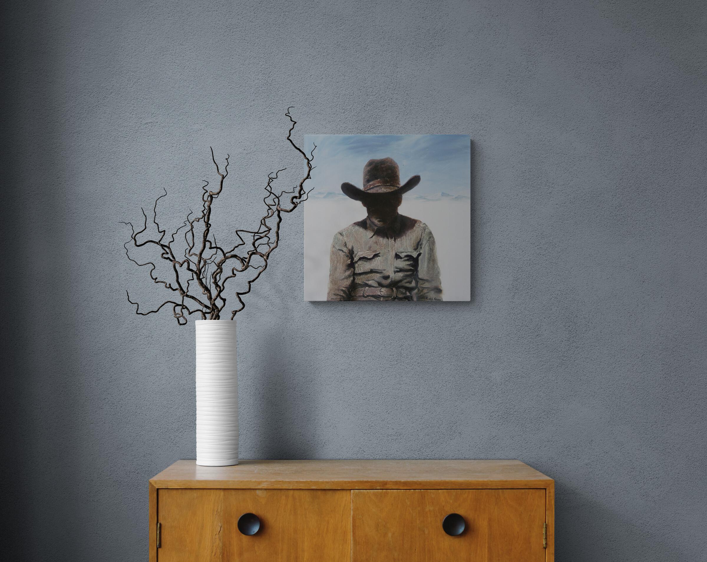 Film Still n°1 (portrait, western movie, cowboy, chapeau, ombre, art monochrome) - Painting de Rudolf Kosow