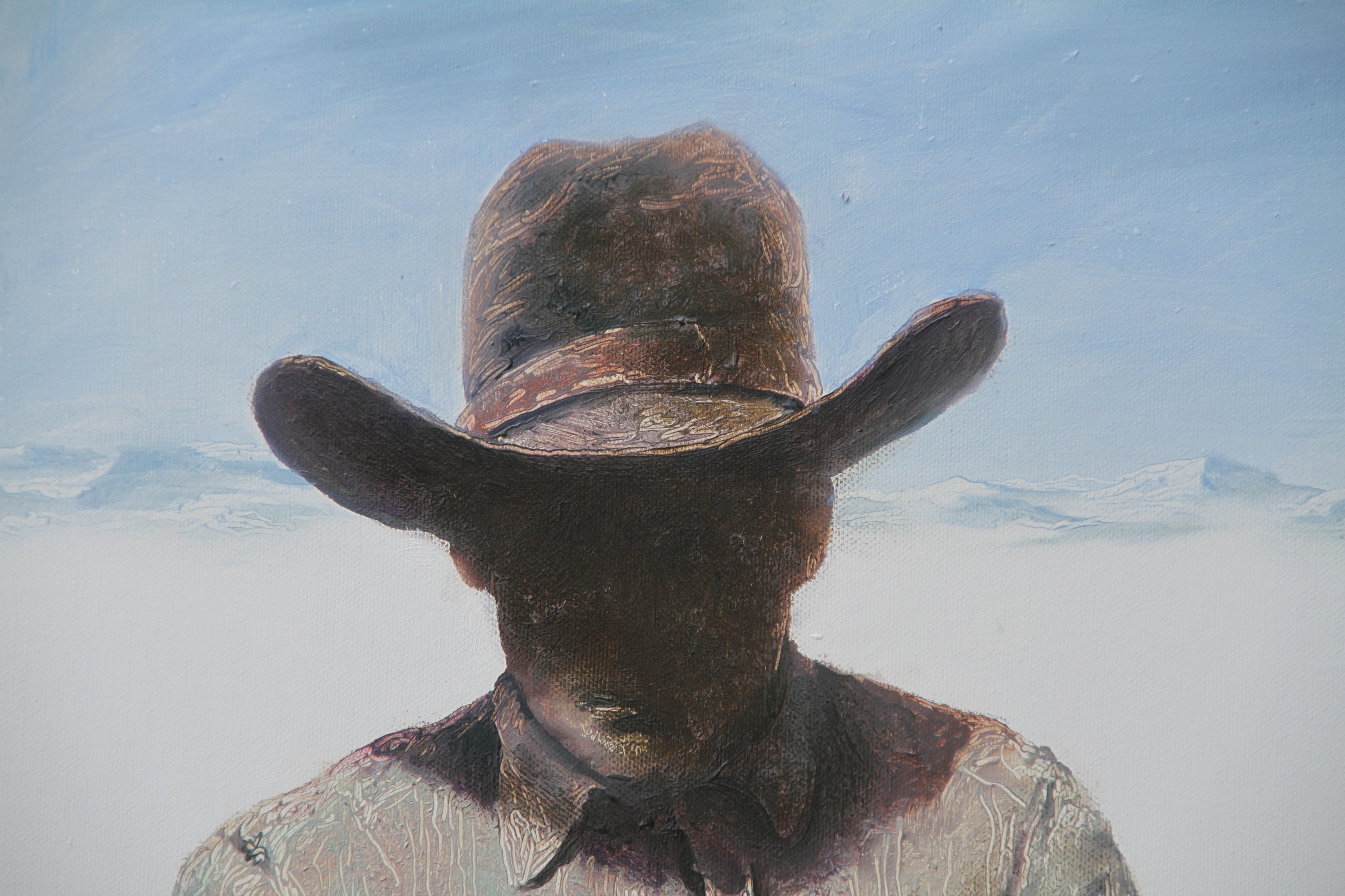 Film Still n°1 (portrait, western movie, cowboy, chapeau, ombre, art monochrome) - Gris Figurative Painting par Rudolf Kosow