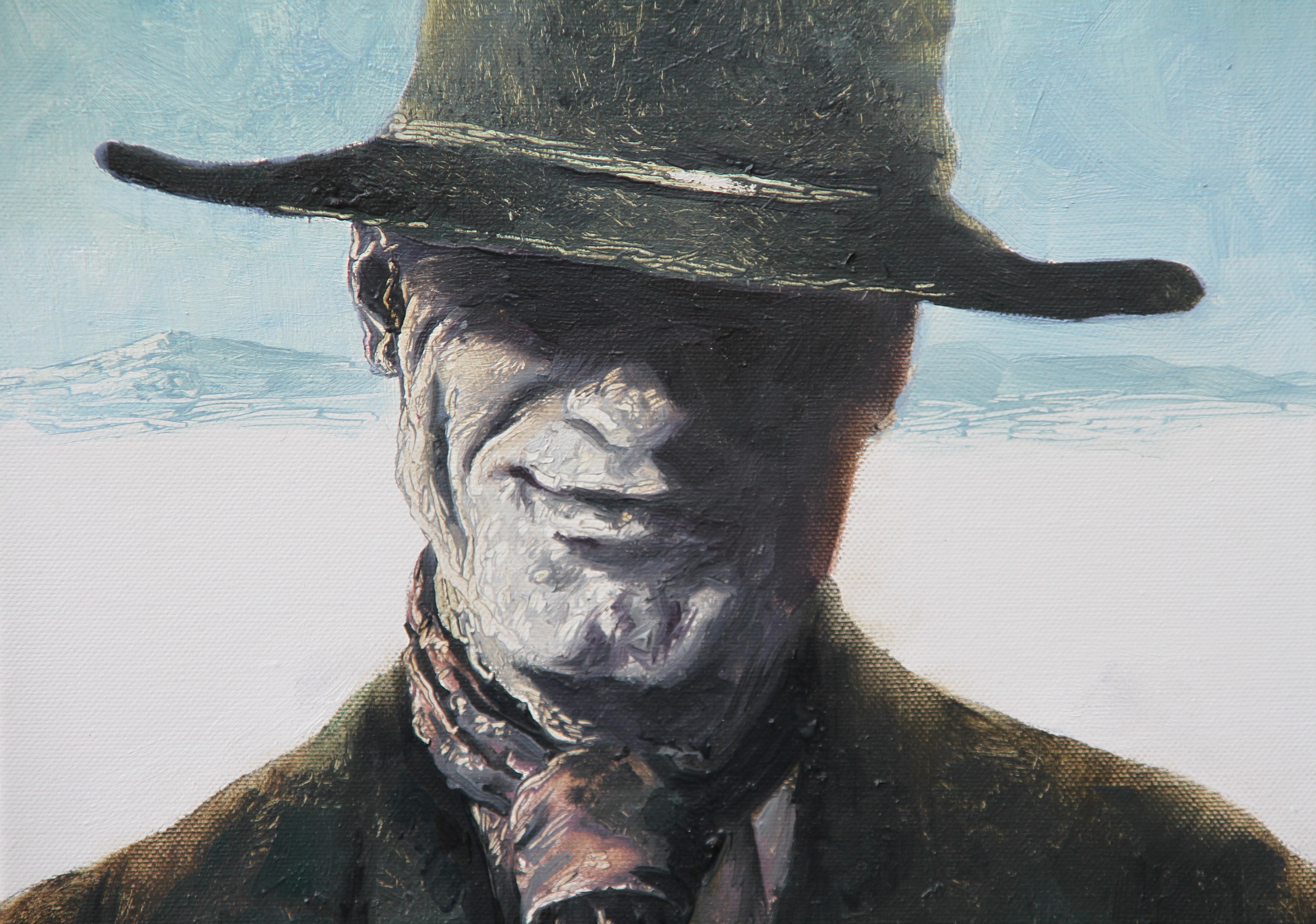 Film Still #2 (portrait, western movie, cowboy, chapeau, ombre, art monochrome) - Gris Figurative Painting par Rudolf Kosow