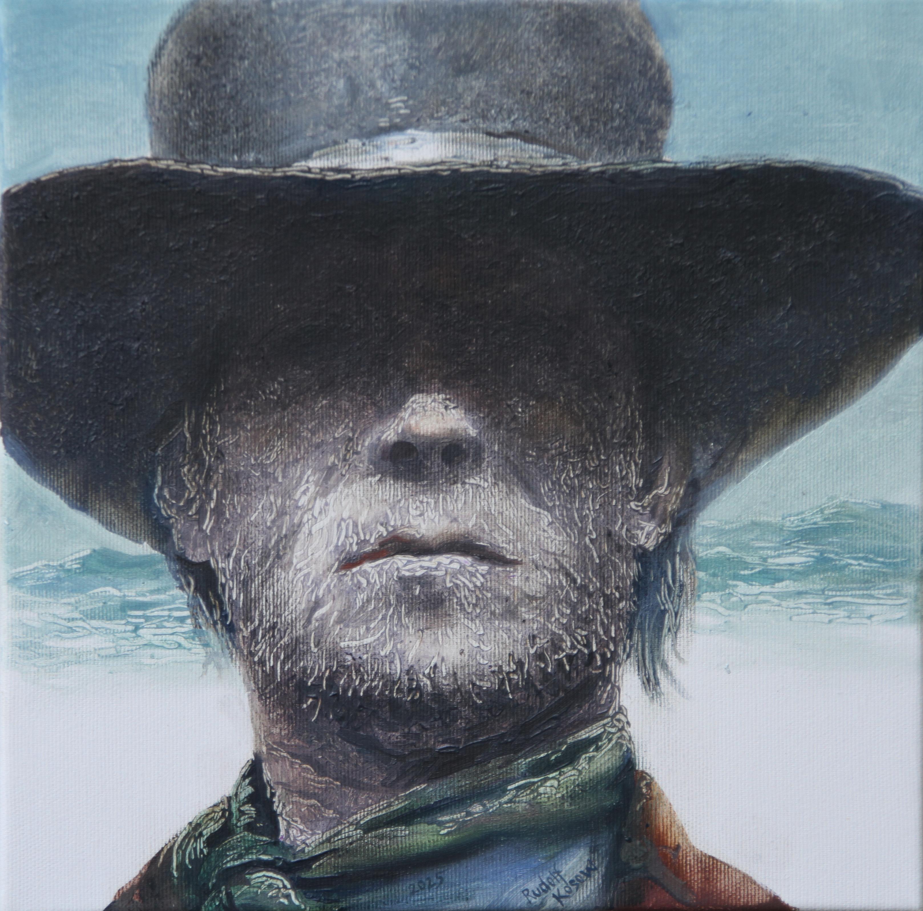 Figurative Painting di Rudolf Kosow - Film Still #3 (ritratto, film western, cowboy, cappello, ombra, arte monocromatica)