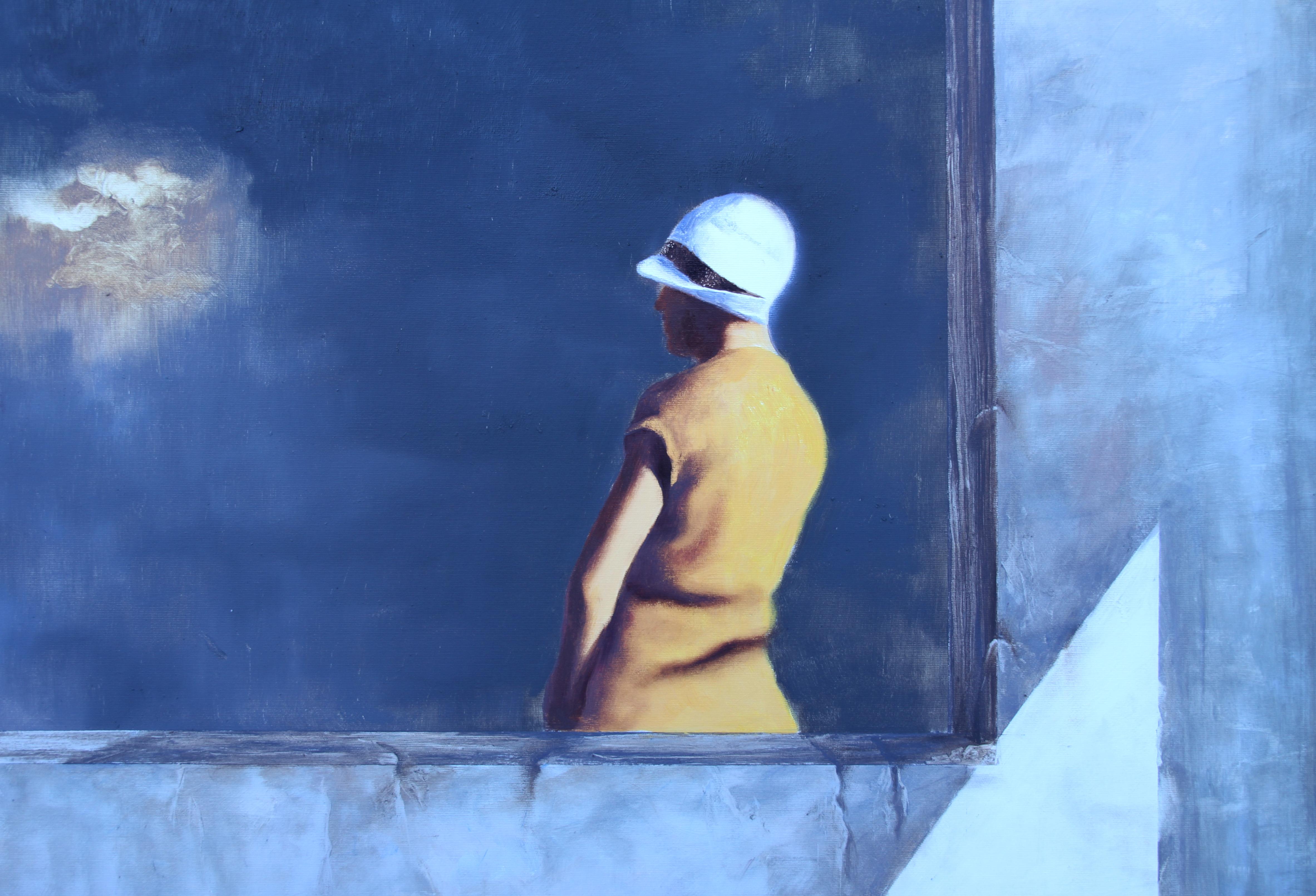 Fleeting (oil painting woman yellow dress hat vintage clock nostalgia figurative - Painting by Rudolf Kosow