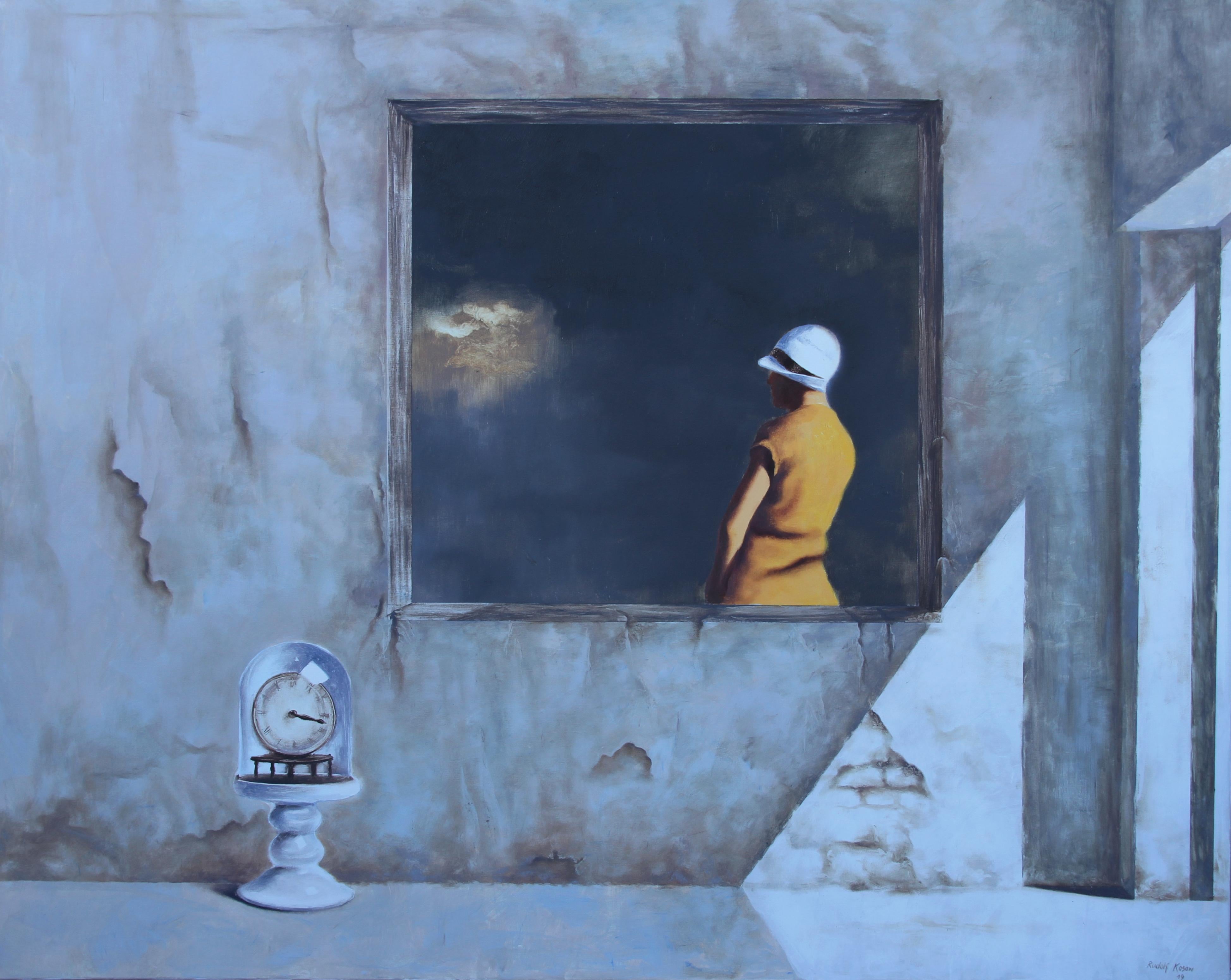 Fleeting (oil painting woman yellow dress hat vintage clock nostalgia figurative