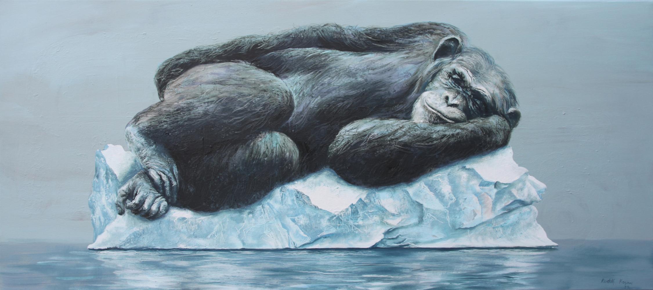 Flow (sleep monkey chimpanzee iceberg arctic surrealist oil painting light blue)