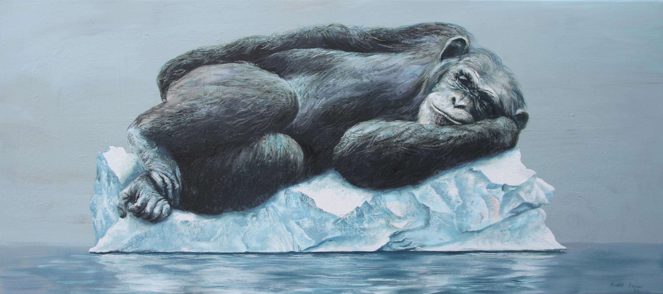 Figurative Painting di Rudolf Kosow - Flow (sonno scimmia scimpanzé iceberg artico surrealista pittura ad olio azzurro)