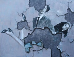 Forever  (surreal painting vintage couple man woman blue Grey monochrome)