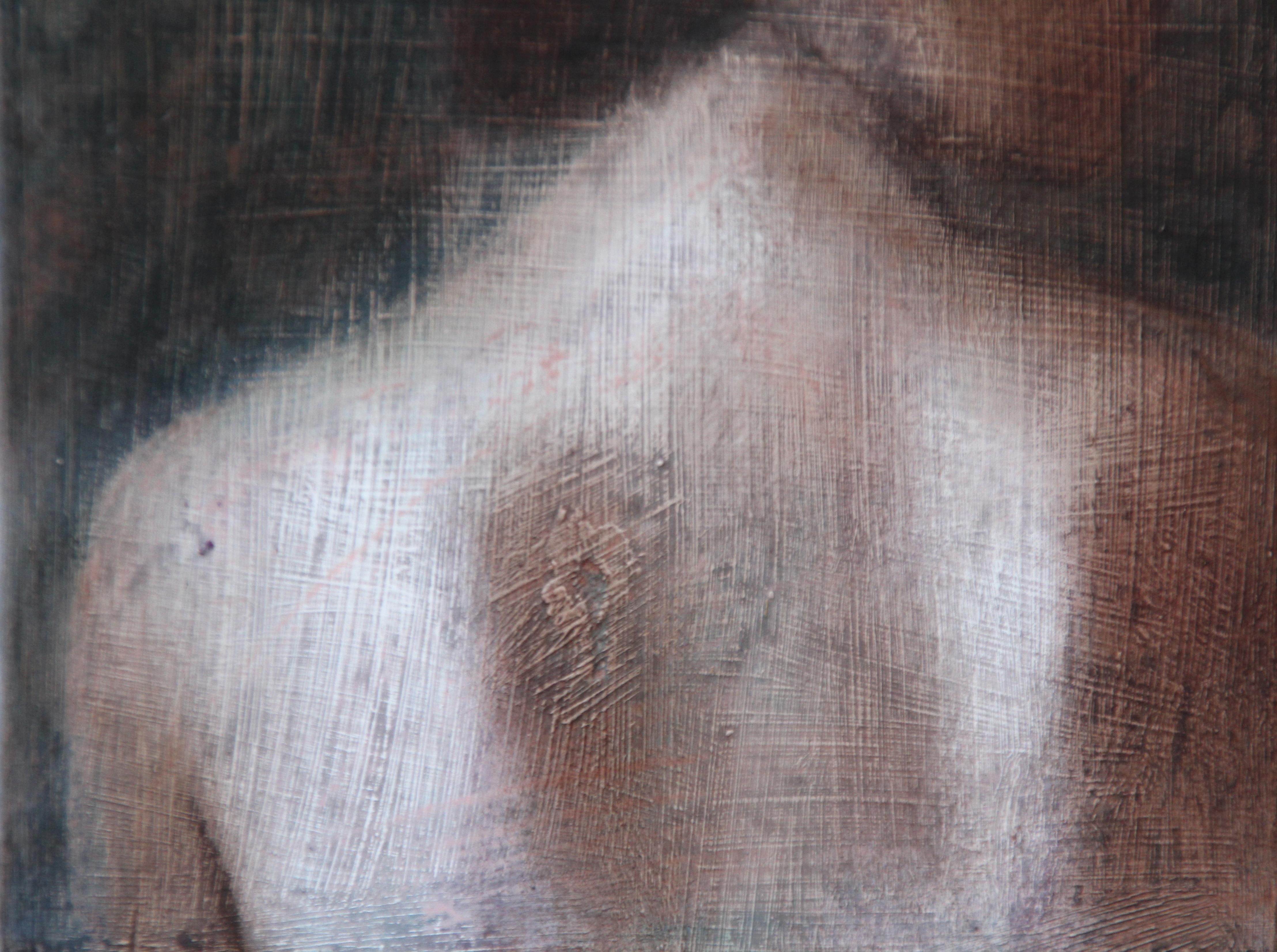 Fragment 10 (dreamy woman back skin female figurative painting soft Earth tones) - Painting by Rudolf Kosow