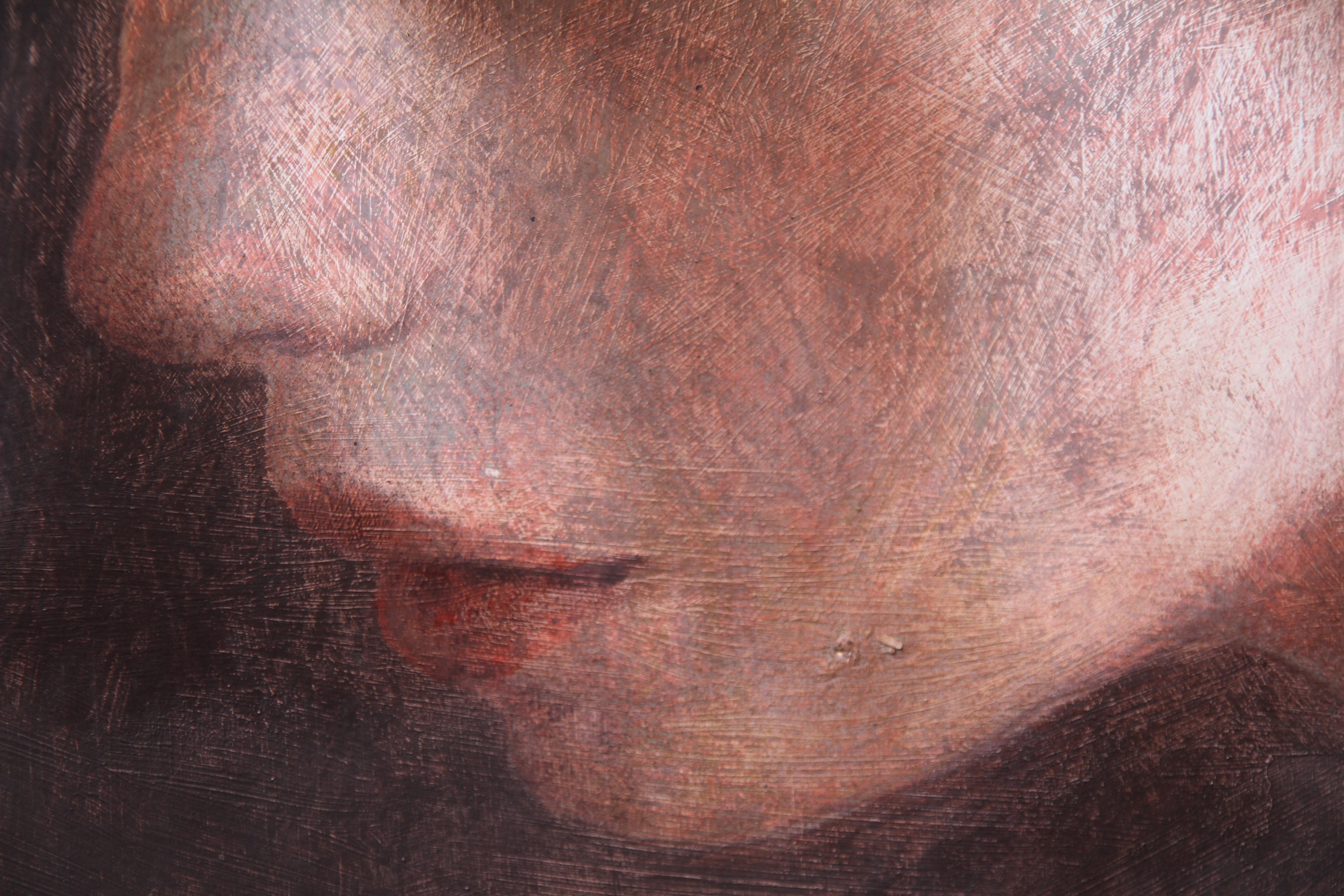 Fragmento 2 (retrato de mujer soñadora pintado sobre madera, tonos tierra suaves) - Painting Posimpresionista de Rudolf Kosow