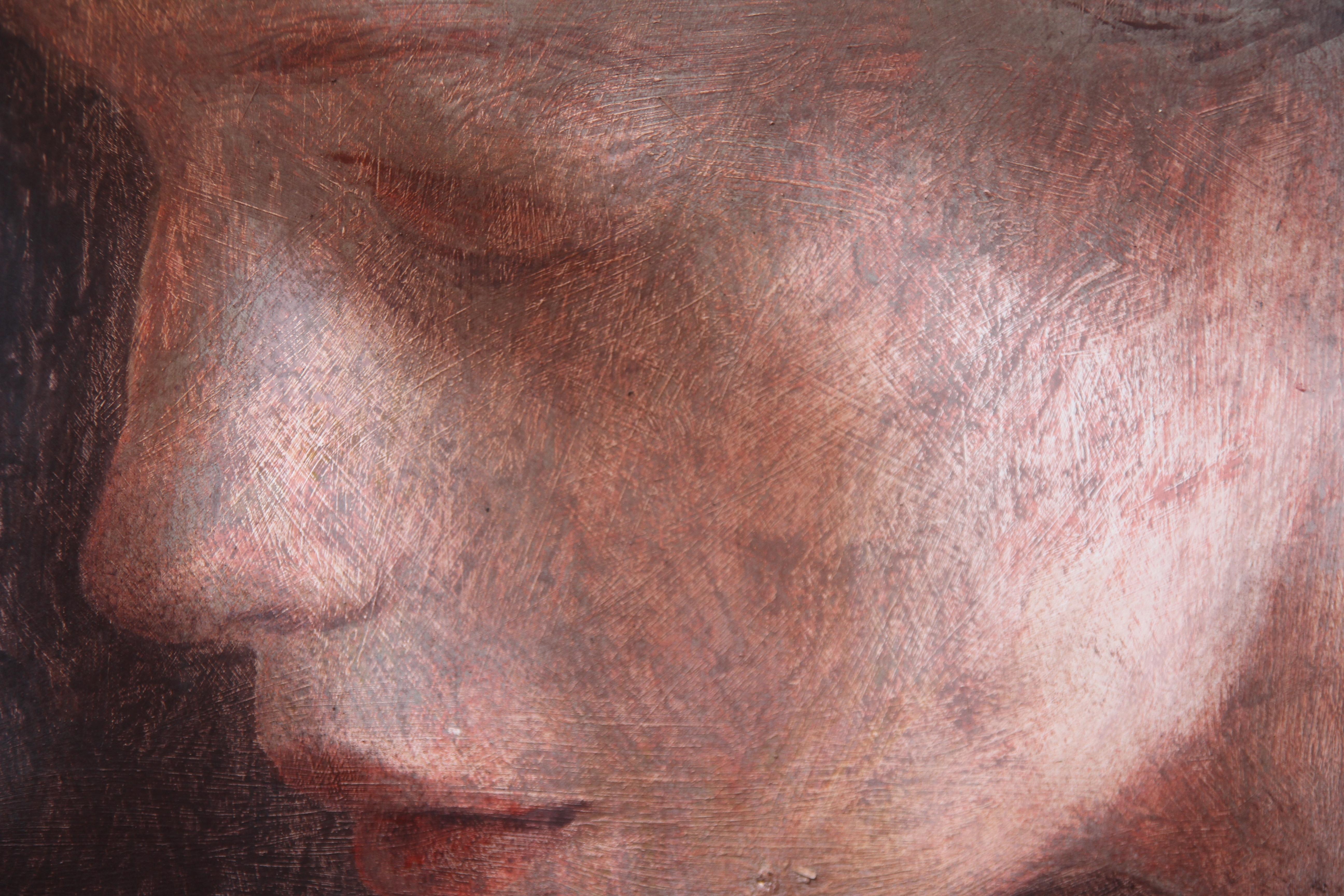 Fragmento 2 (retrato de mujer soñadora pintado sobre madera, tonos tierra suaves) - Figurative Painting Gris de Rudolf Kosow