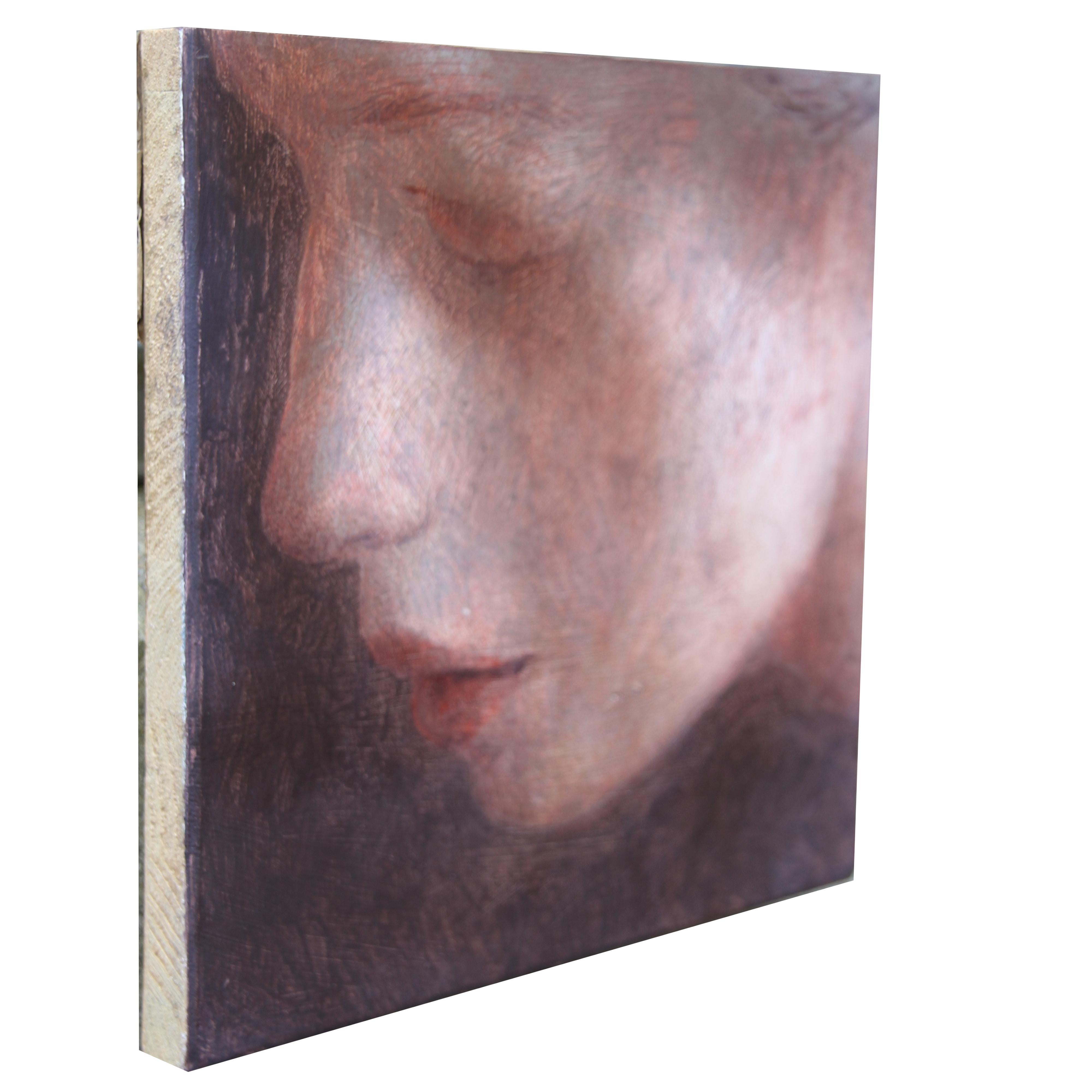 Fragment 2 (dreamy woman portrait face painting on wood, soft Earth tones) For Sale 1