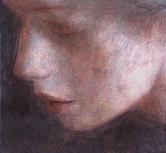Fragment 2 (peinture de visage de femme rêveuse sur bois, tons terreux doux)
