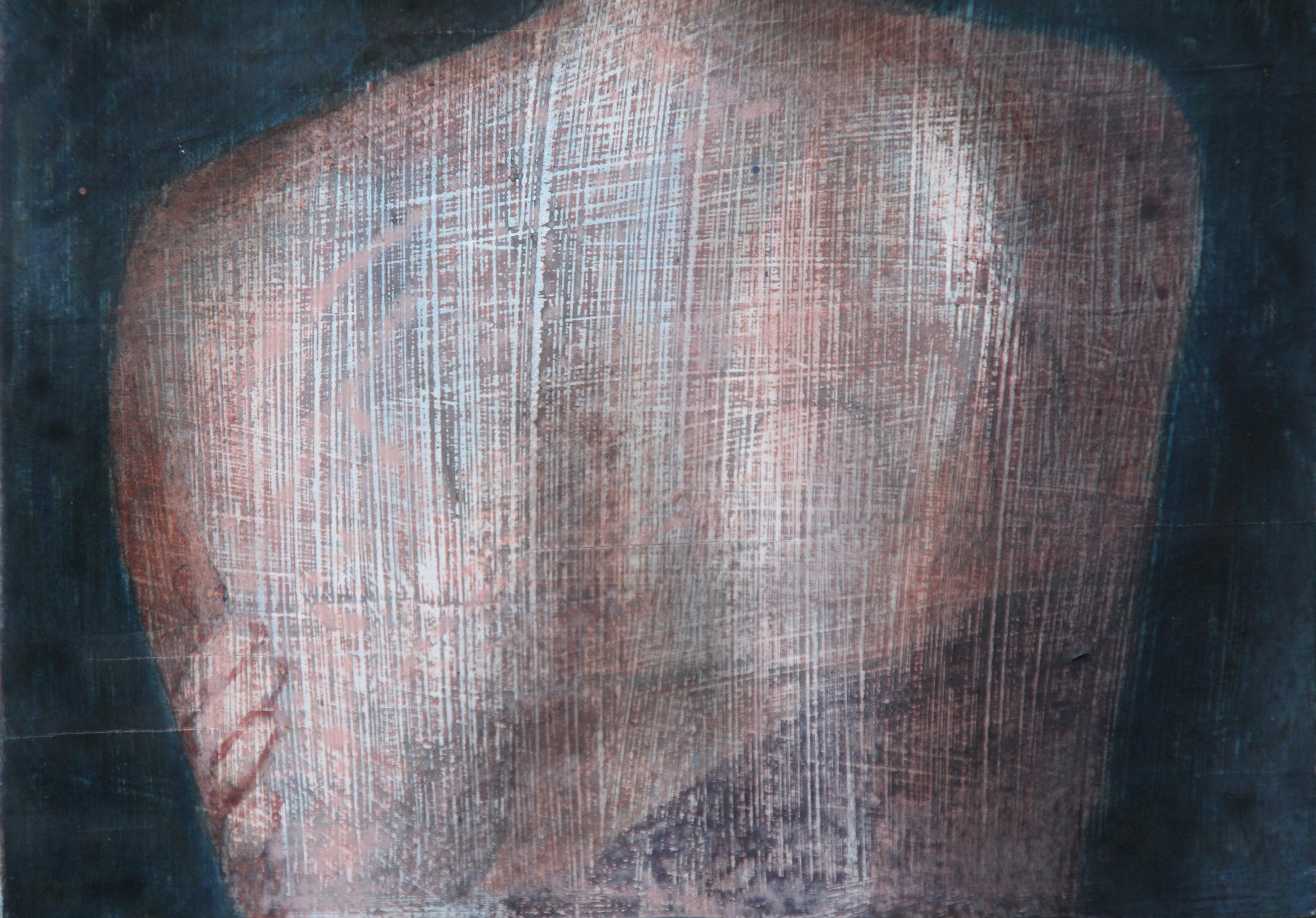 Fragment 9 (dreamy woman back skin female figurative painting soft Earth tones) - Painting by Rudolf Kosow