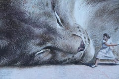 Game (bob cat, female tennis player, ball, vintage, animal, surrealist painting